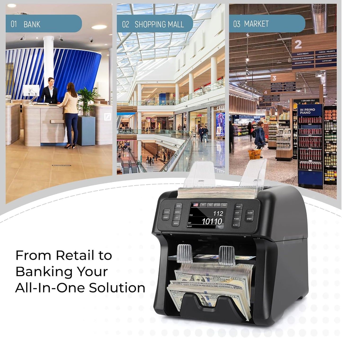 NUCOUN VS-35 Mixed Denomination Money Counter Machine,with Reject Pocket,Support USD/EUR/MXN/CAD Count,Bill Sorter,Counterfeit Detection CIS/UV/MG/IR,4'' Touch Screen,Sort&Print Enabled Cash Counter