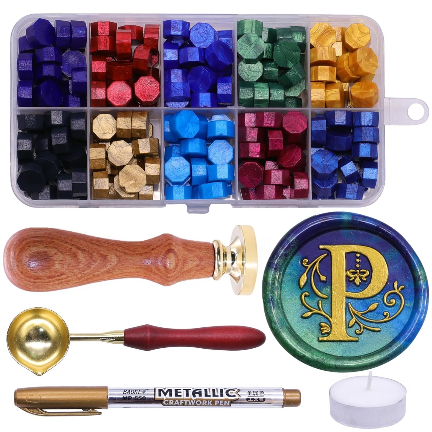 SWANGSA Initial Alphabet P Wax Seal Stamp Kit, Classic Retro Letter Sealing Stamp with 200pcs Sealing Wax Beads Kit for Wedding Invitations Cards Envelopes (P)