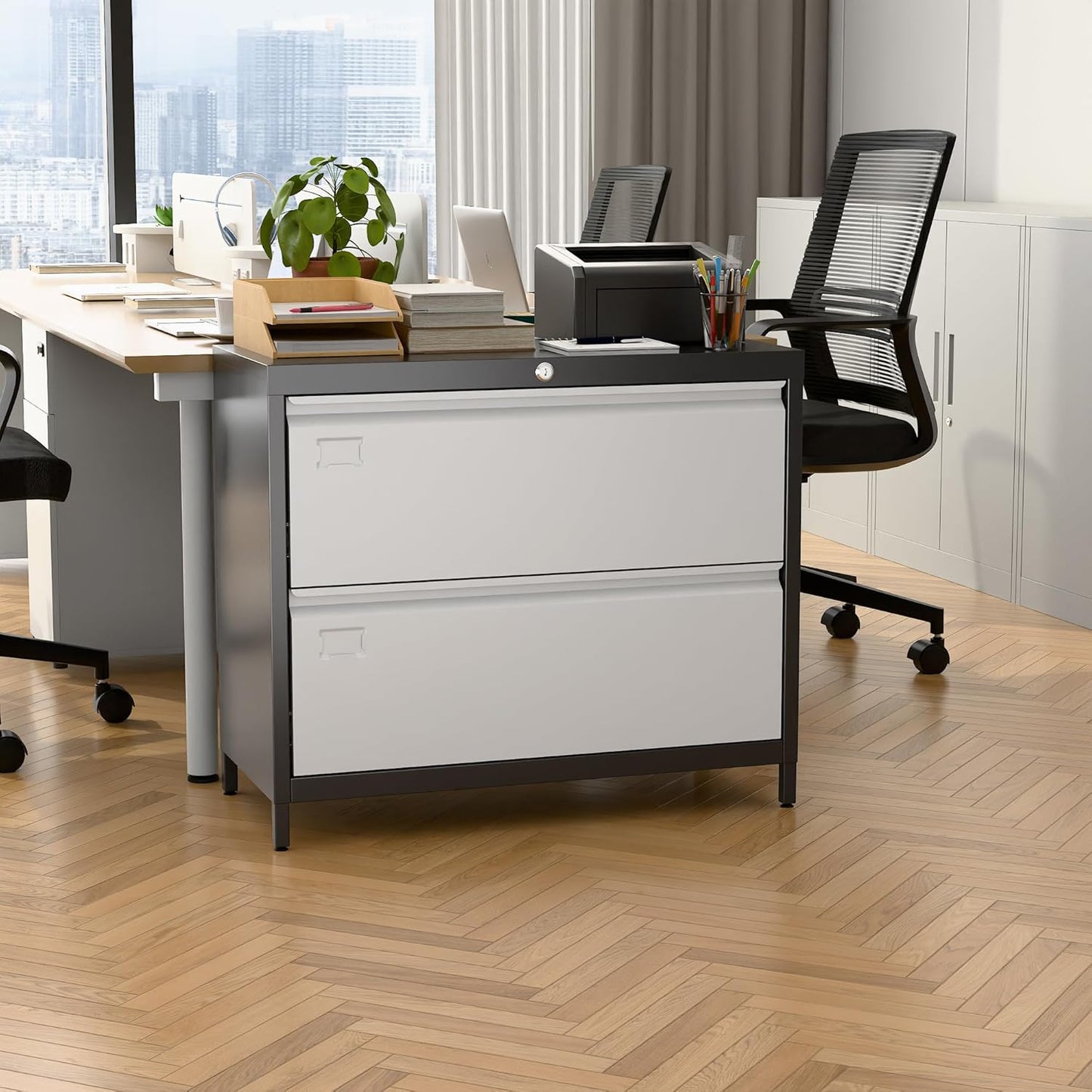 Metal Lateral File Cabinet with 2 Drawers, Wide Lateral Filing Cabinet with Lock for Hanging Files Letter/Legal/F4/A4 Size for Home Office School, Black and Grey, Assembly Required