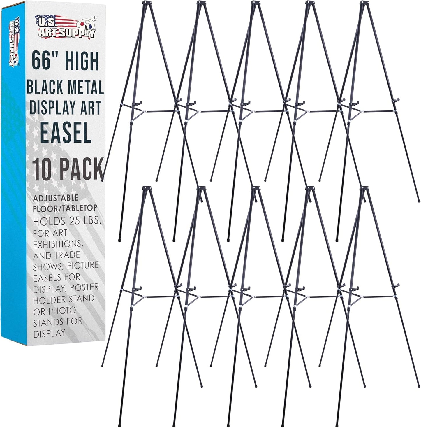 U.S. Art Supply 66" High Black Metal Display Art Easel (10 Pack) - Large Adjustable Height Portable Easel Stand, Sign Display, Holds 25 lbs - Floor & Tabletop Easels, Sign Stand