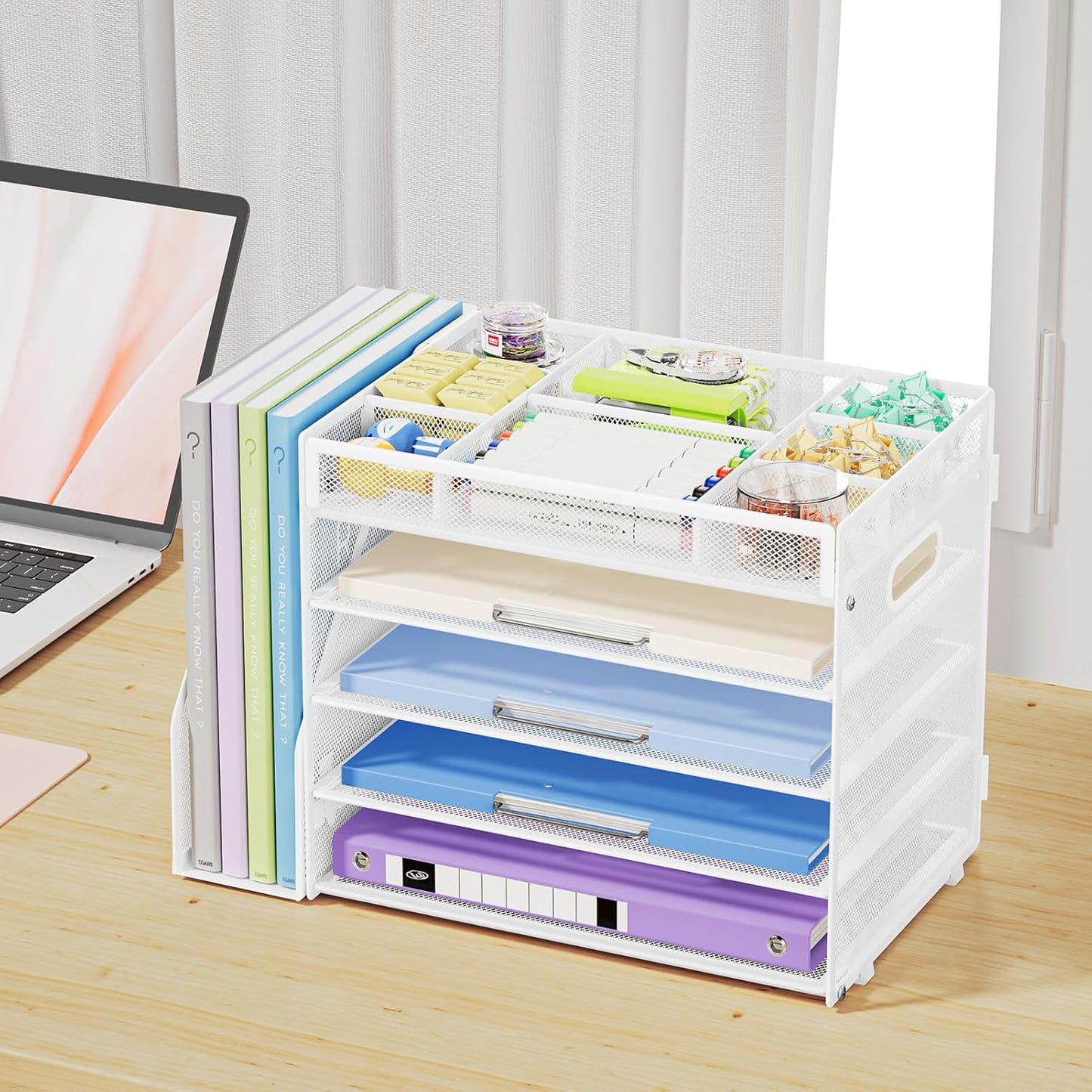 Marbrasse 5-Tier Desk Organizer with File Holder,Paper Letter Tray Organizer,Desktop File Organizer with Adjustable Compartments,Mesh Desk Organizers and Accessories for Office Supplies,White