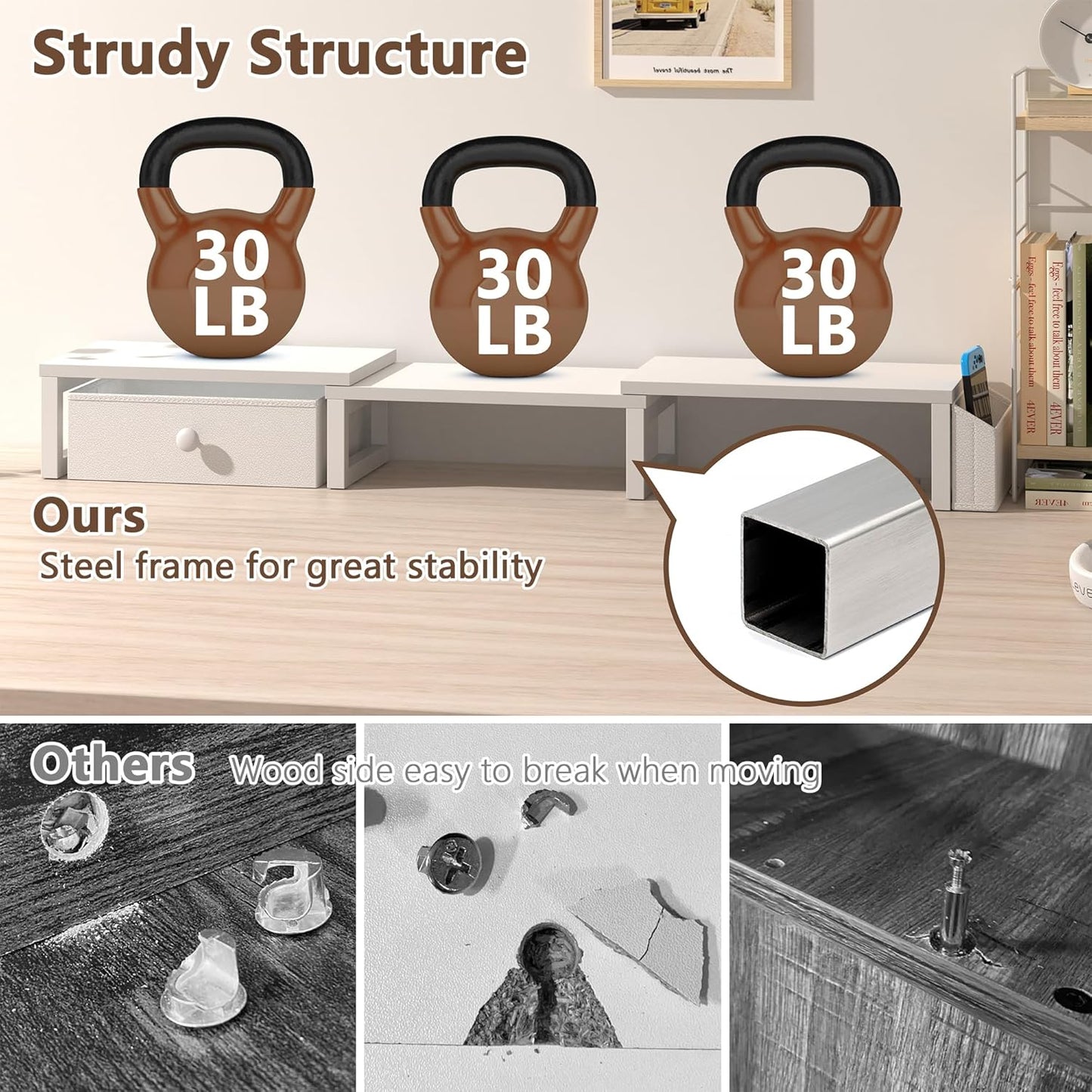 LAND·VOI Heavy Duty Dual Monitor Stand, Holds 2 Screens Up to 27 Inches, Adjustable Length and Angle Monitor Riser, Desk Organizer with Side Pockets and Drawers, Home Office Desk Storage, White