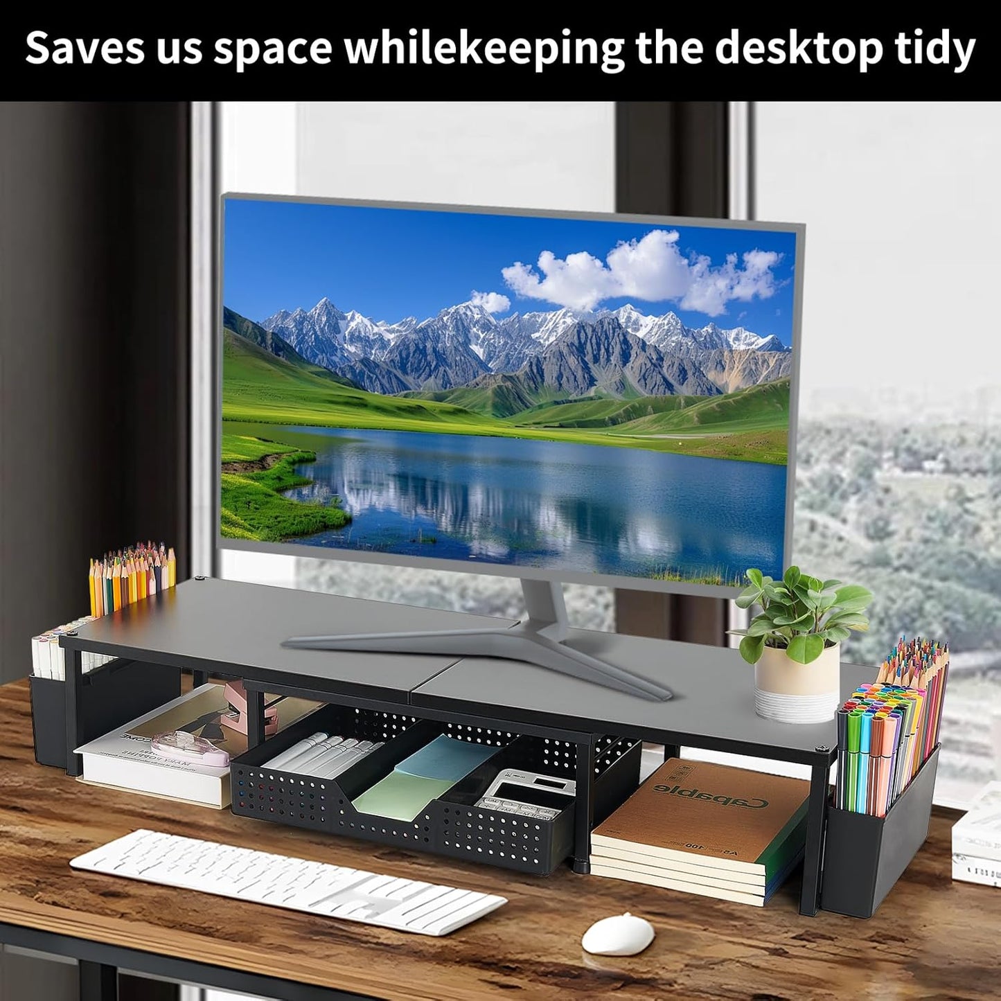 Desk Dual Monitor Stand Riser - Desk Organizer with Drawer and Pen Holders, Office Desk Accessories & Workspace Organization, Computer Monitor Stand for Laptop, Printer, TV(BLACK)