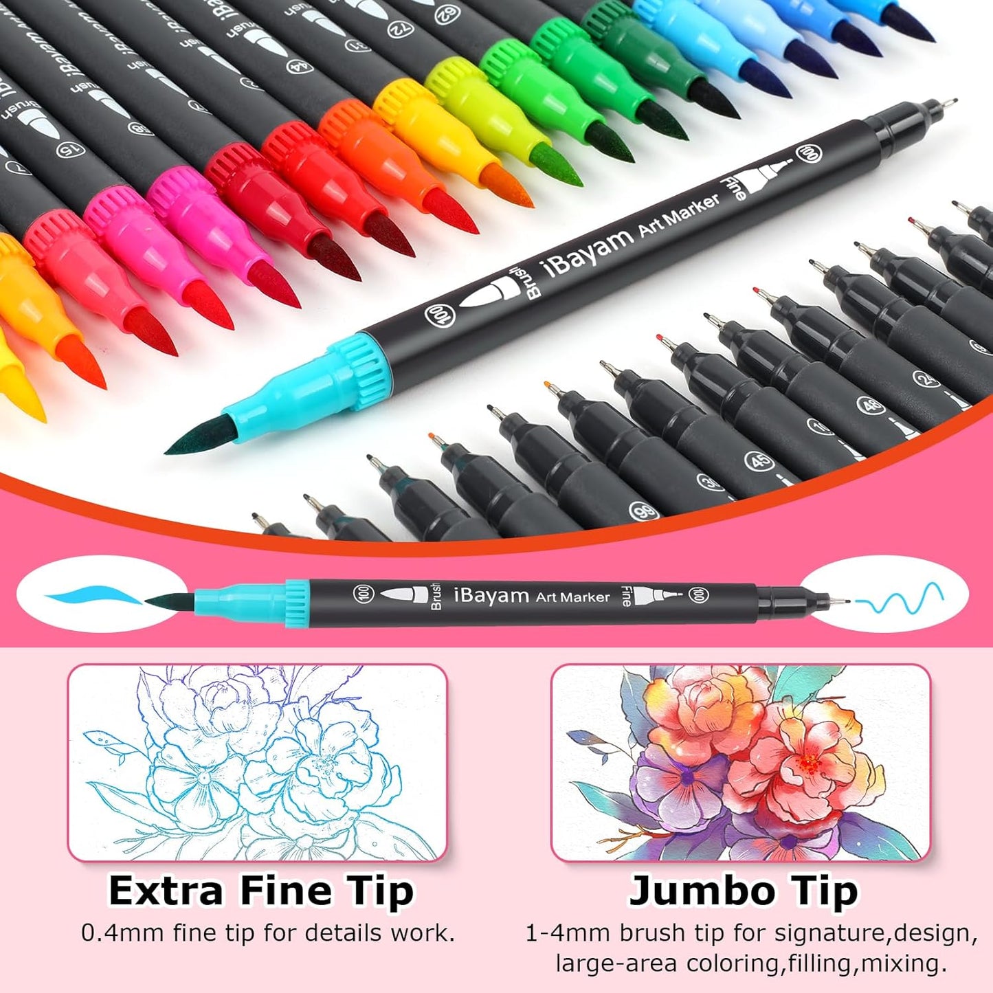 iBayam Dual Brush Marker Pens, 36 Colors Fine Tip Markers, Double Tip Brush Pens for Adult, Coloring Marker for Coloring Book, Cute School Supplies, Arts and Crafts Office Desk Supplies