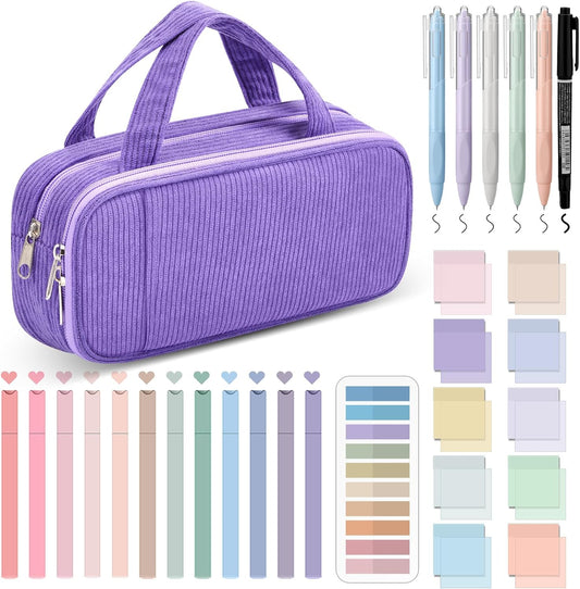 Jutom 39 Pcs Aesthetic Book Annotation Kit Highlighter with Pencil Case Bag Gel Pen Transparent Sticky Note Taking Bible Study College School Supplies(Dark Purple,Classic Style)