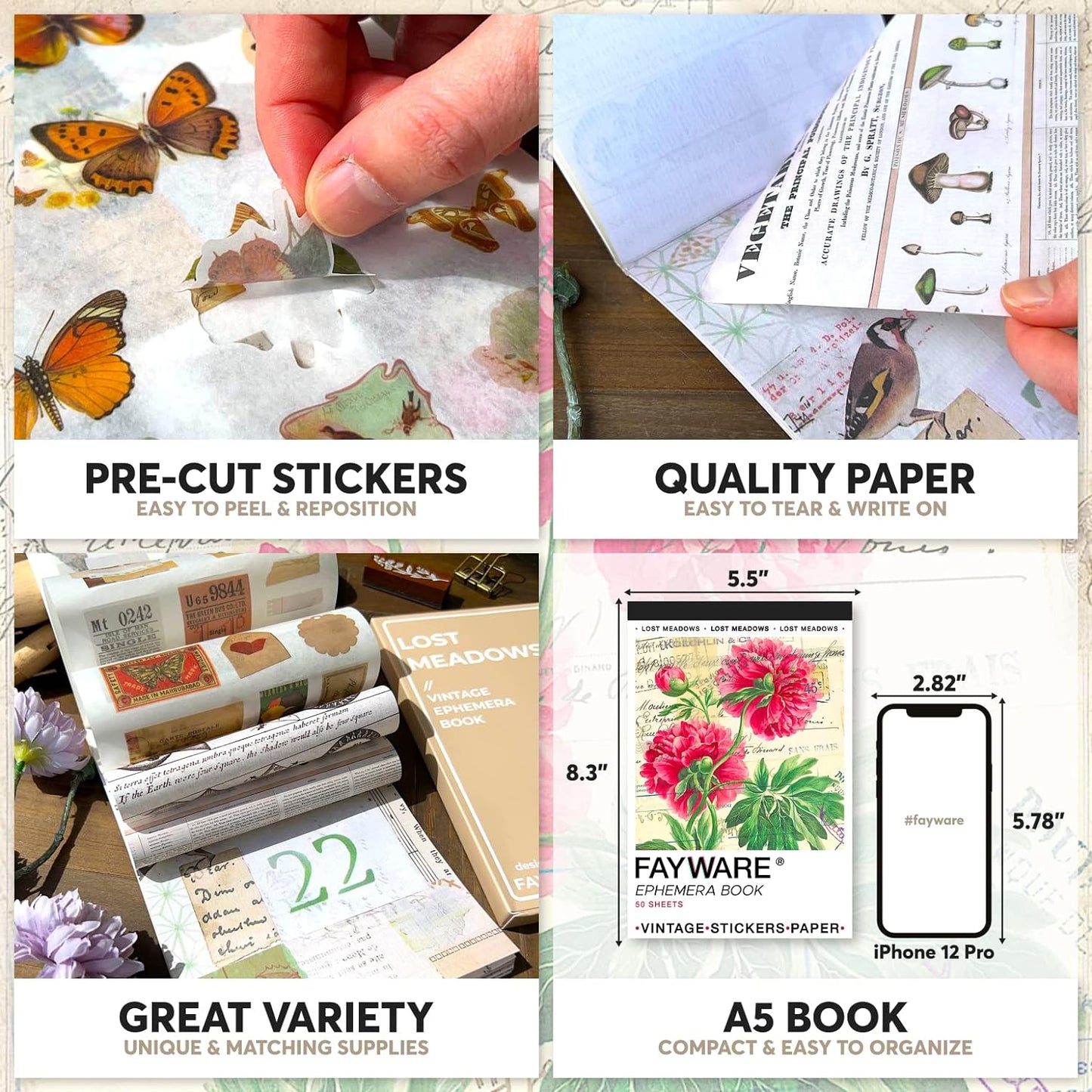 Vintage Washi Stickers for Journaling - Ephemera Book for Journaling with 414 Stickers & 20 Scrapbook Papers. Junk Journal Supplies, Scrapbooking Supplies