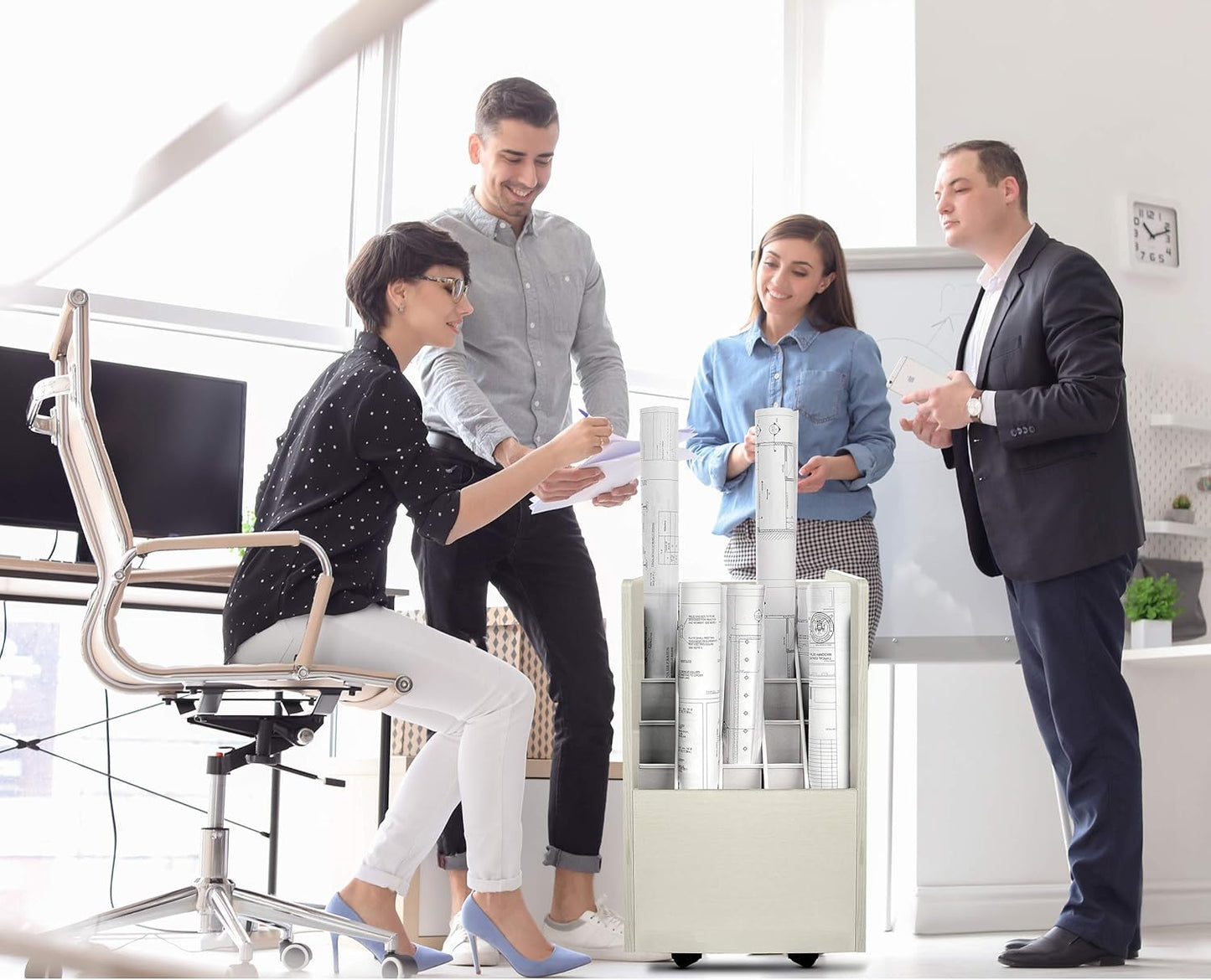 Adir Blue Print Storage Organizer - Mobile Roll File Cart, Construction Plan Holders, Blueprint Cabinet with Wheels, Roll Files Storage for Office and Home (20 Slots, White)