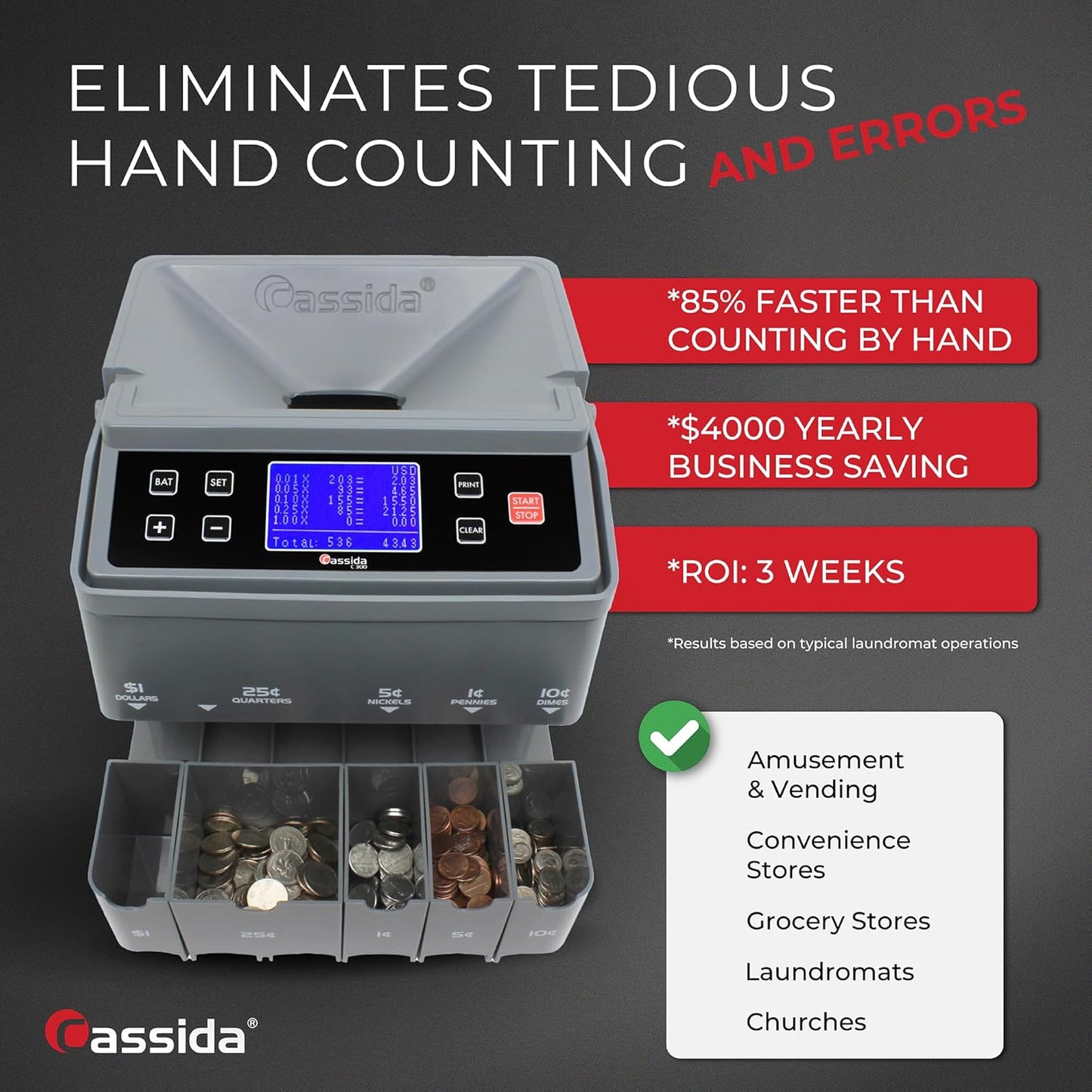 Cassida C300 Professional USD Coin Counter, Sorter and Wrapper/Roller, 300 coins/min, with Quickload and Printing-Compatible,Gray