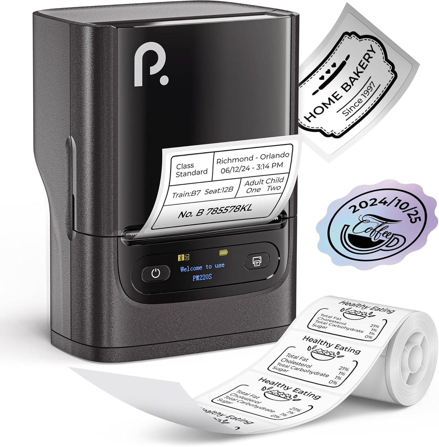 POLONO PM220S Label Maker Machine with Tape, Bluetooth Thermal Label Printer, Portable Sticker Printer,Chocolate Dark