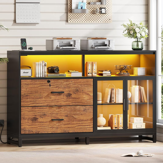 SEDETA 59" File Cabinet, 2 Drawers Filing Cabinets for Home Office fit Legal/Letter/A4 File, File Cabinet with Lock & Power Outlets, Printer Stand with Storage & LED Lights, Rustic Brown