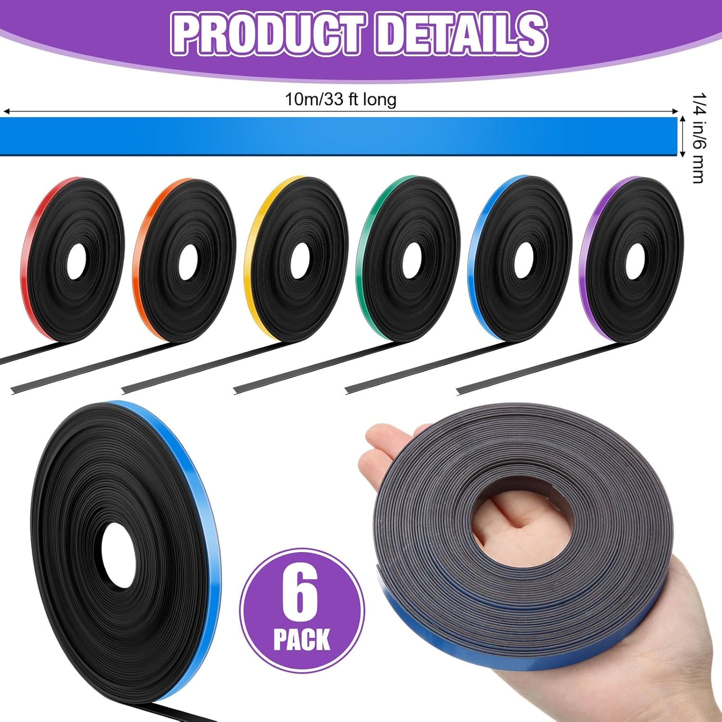 6 Rolls Magnetic Tape Roll Thin Strips, 33 ft Magnetic Whiteboard Graphic Decorative Tape Marking Line Magnet Board Dividers for Classroom Office Art Accessories(Mix Color,0.24 Inch)