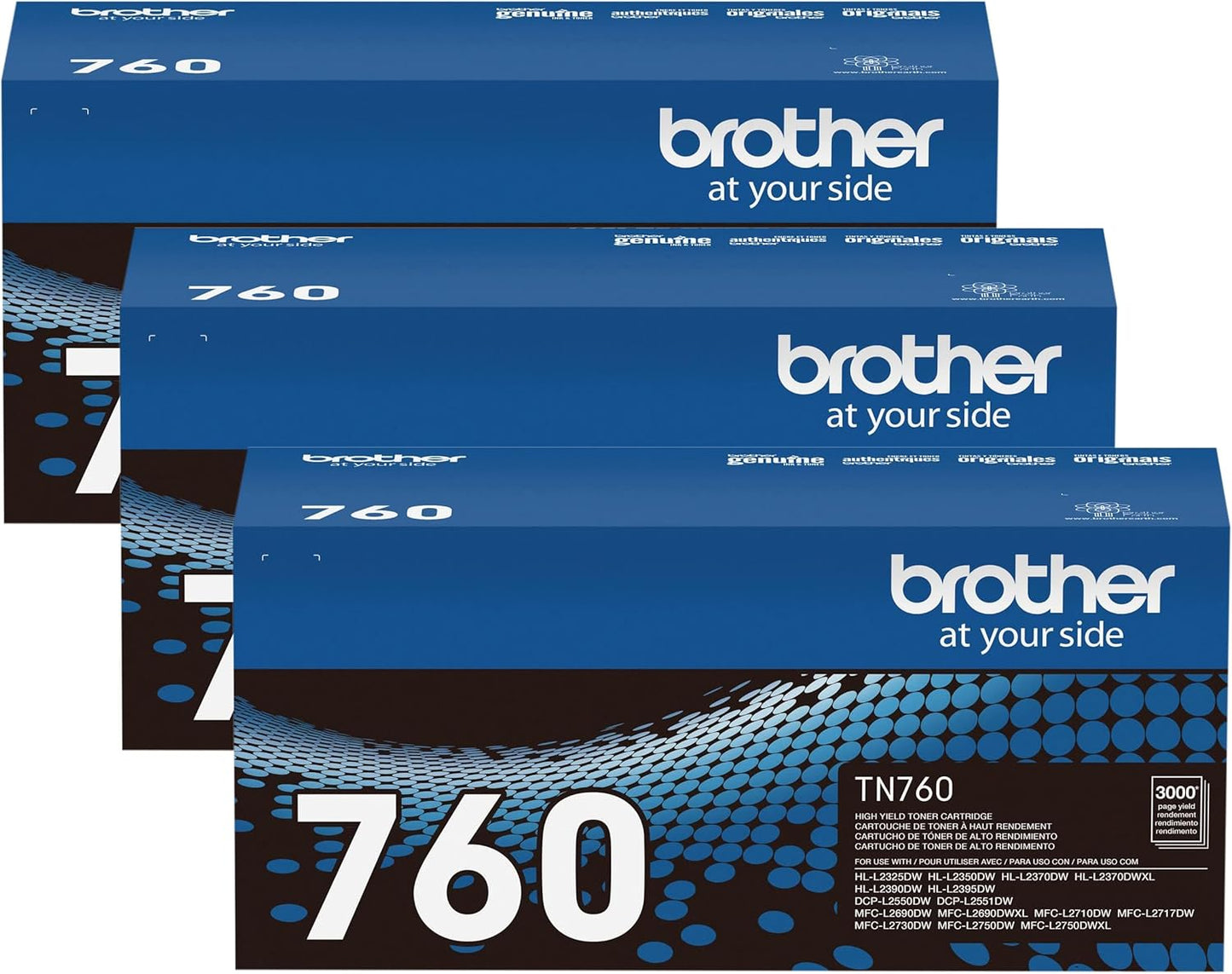 Brother Genuine TN760 High Yield Black Toner Cartridge, (for use with MFC-L2710DW MFC-L2750DW HL-L2350DW HL-L2370DW HL-L2395DW HL-L2390DW DCP-L2550DW Printers) (Pack of 3)