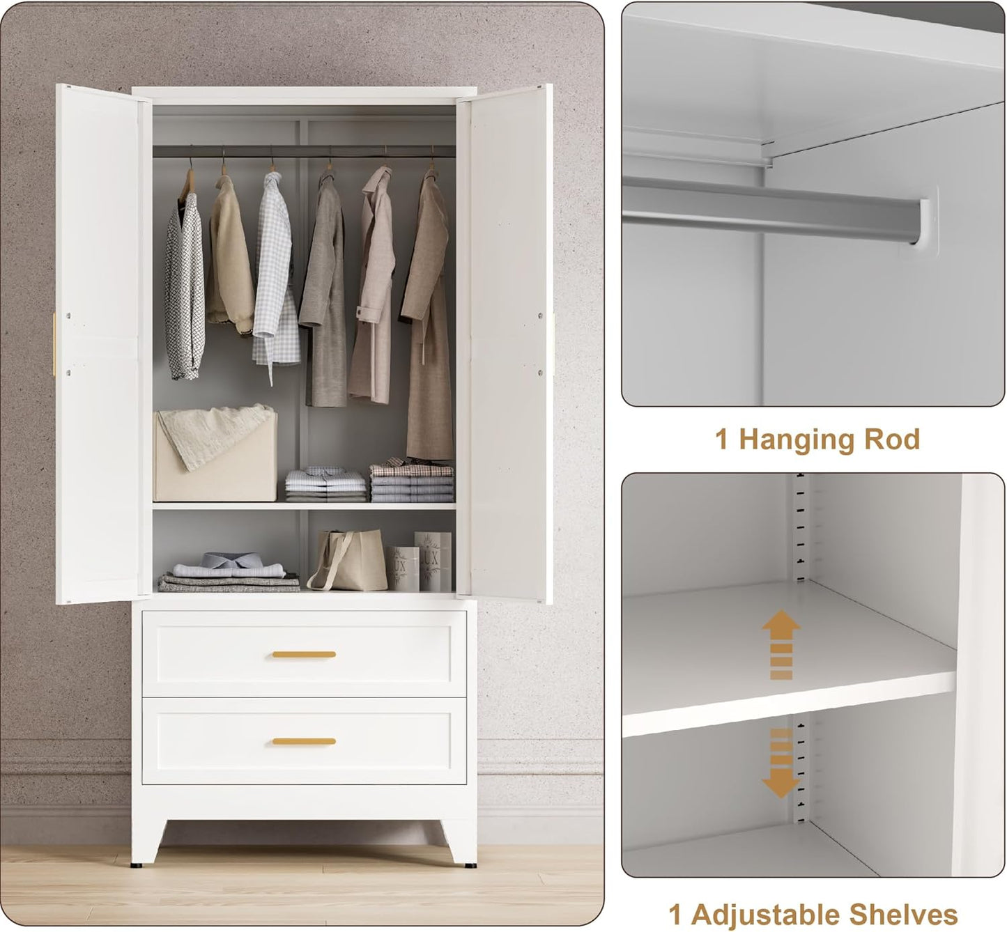 71'' Farmhouse Metal Wardrobe Cabinet with Hanging Rod, 2 Barn Door Wardrobe Closet with Adjustable Shelves,2 Drawer,for Dining Room,Bedroom,Living Room, Cloak Room,Office (White)