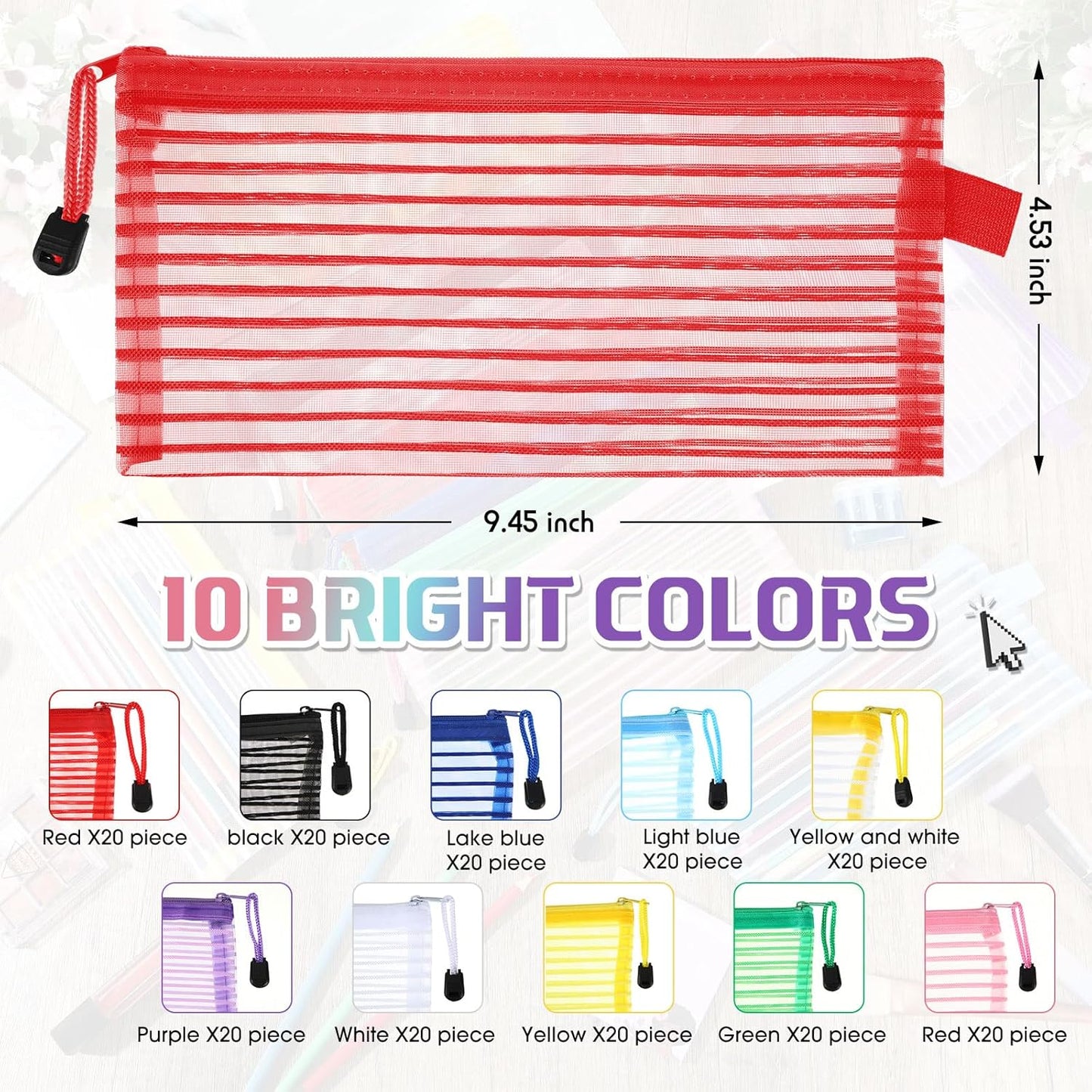 Zhehao 200 Pieces A6 Mesh Zipper Pouch Bulk Mesh Bags with Zipper Waterproof Small Pencil Pouches for School Office Supplies Organization 9.4 x 4.5 Inches (Bright Colors)