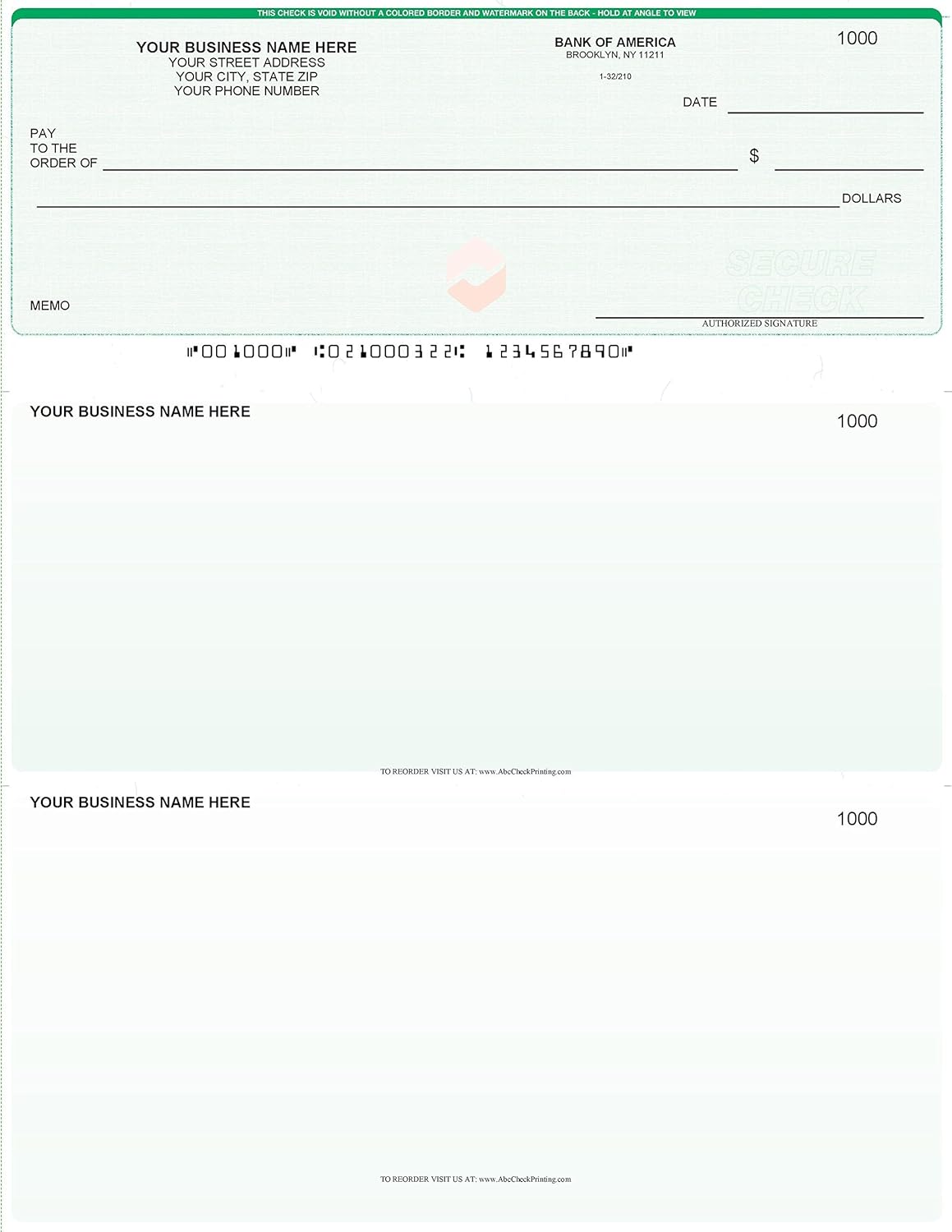 ABC Computer Checks Compatible w/Quick Books, Check on Top, Green (250 Sheets)