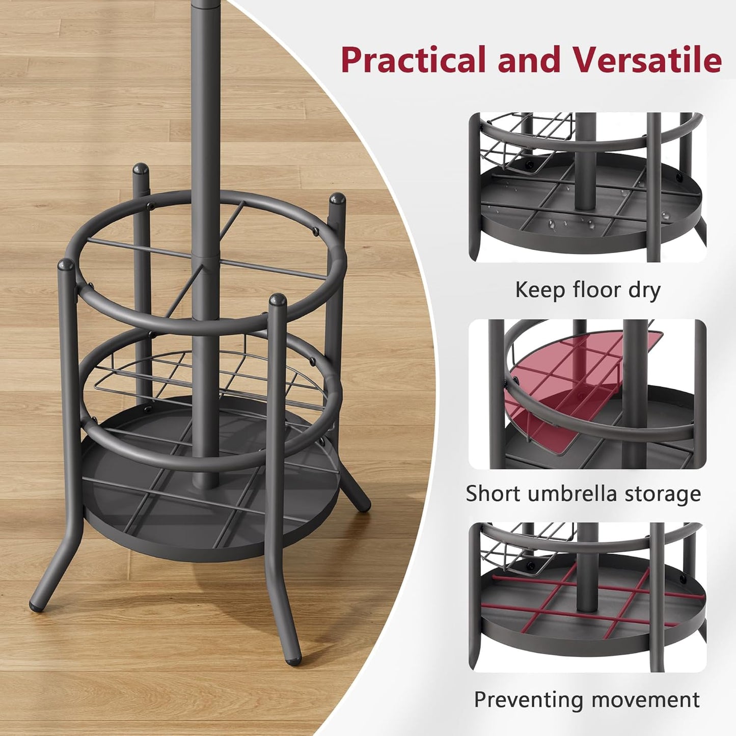 Tajsoon Coat Rack with Umbrella Holder, Coat Tree Freestanding, Coat Rack Stand with 16 Hooks, Coat Stand for Living Room, Bedroom, Office, Grey