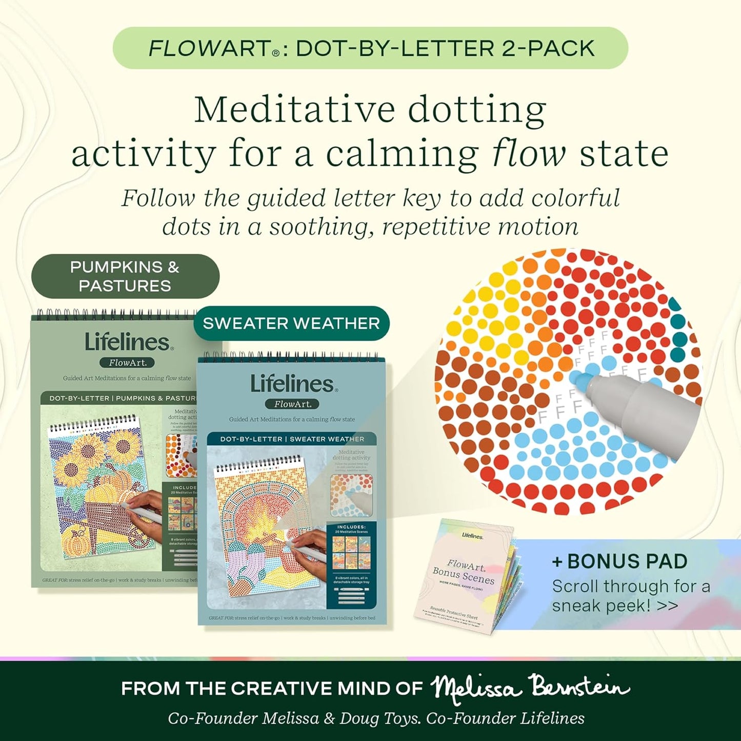 Lifelines FlowArt Activity Pad, 2-Pack Fall Set + Bonus Pad - Guided Dot-by-Letter Art Meditations with Markers - Color by Number/Letter and More Coloring Books for Teens, Adults & Seniors