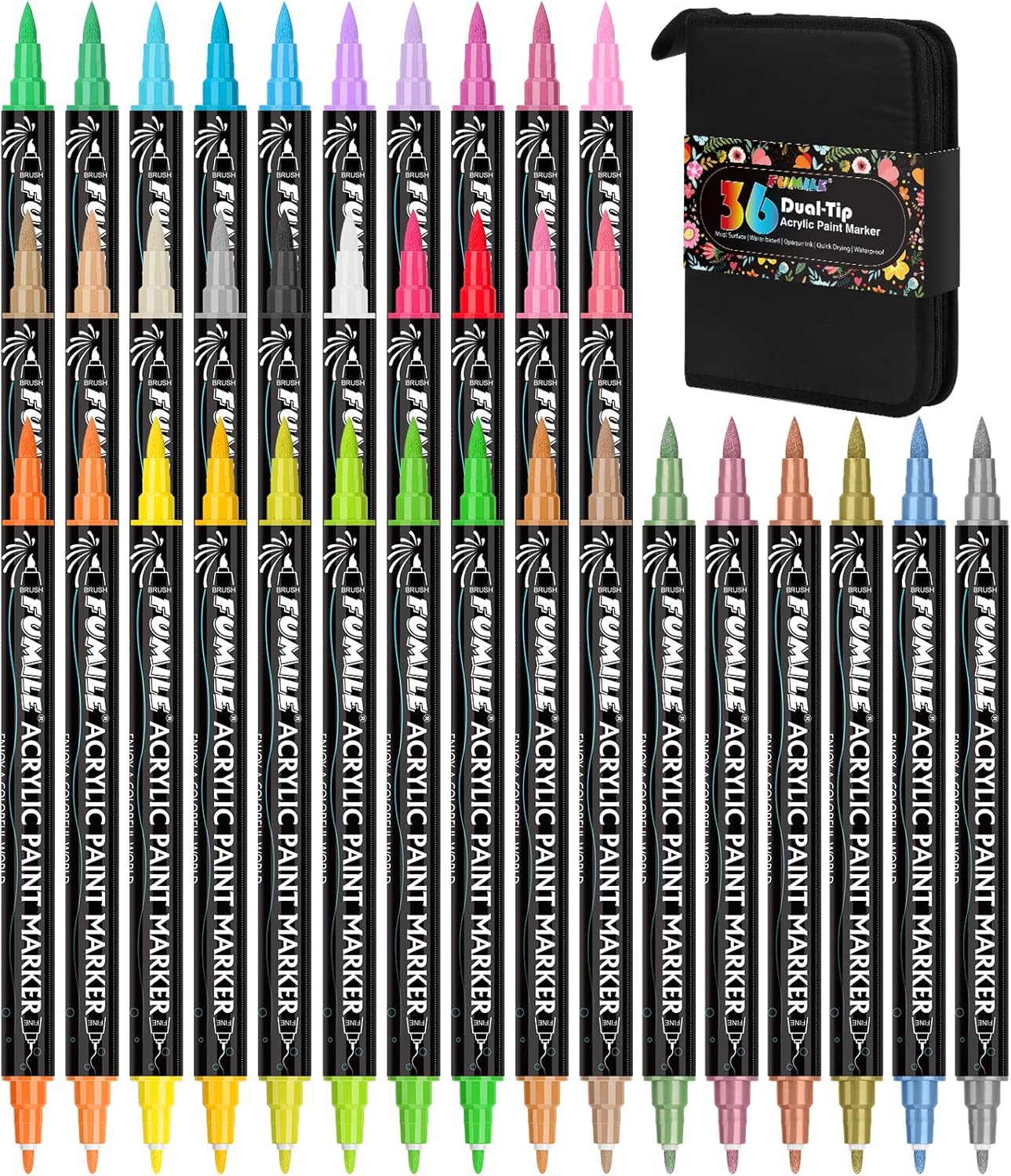 FUMILE 36 Colors Acrylic Paint Markers Dual Tip(Fine and Brush Tip), Acrylic Paint Pens paint Marker for Wood, Rock, Plastic, Glass, Ceramic, Canvas.Acrylic Markers Set for DIY Crafts and Art.