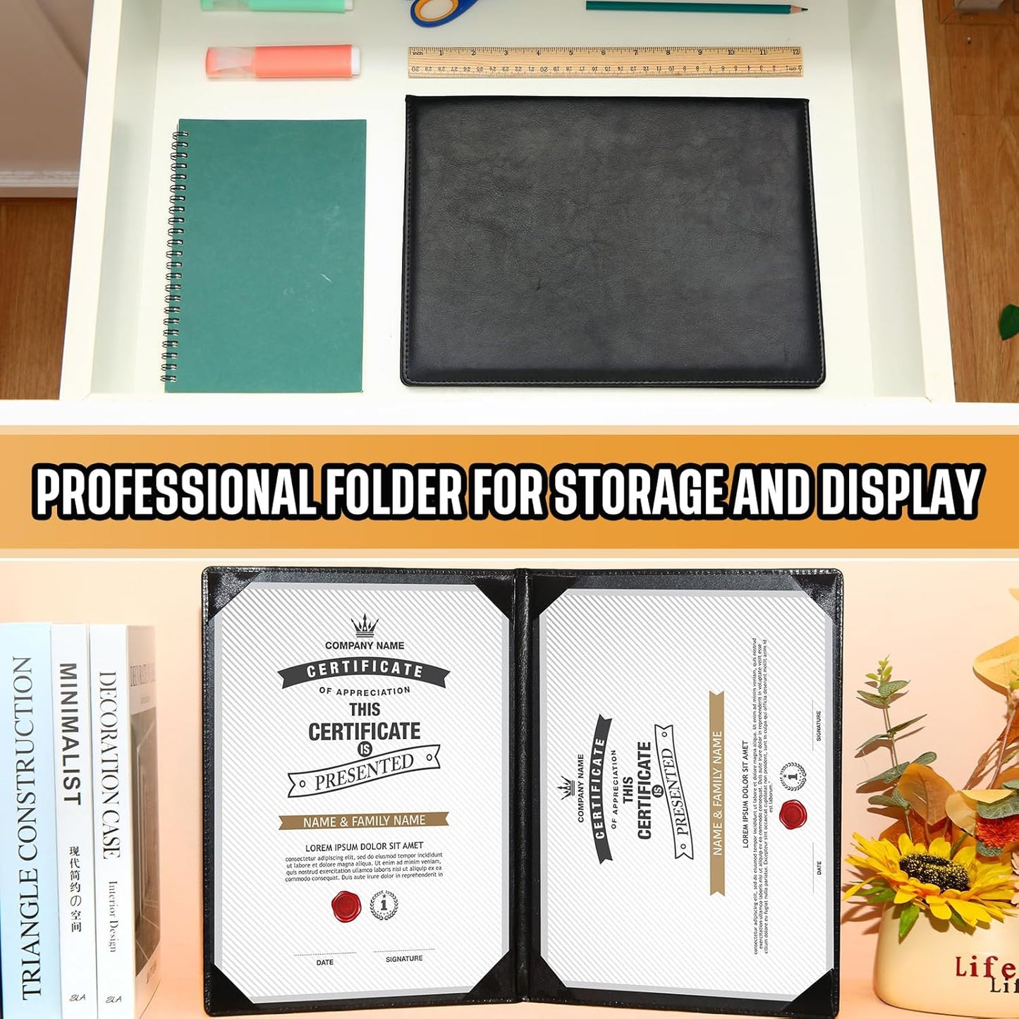 Tenare 6 Pcs Leather Certificate Holder 8.5 x 11 Inch PU Black Red Blue Purple Phd Bachelor Master Diploma Cover Professional Award Folder for Official Graduation Competition Contest Charity (Black)