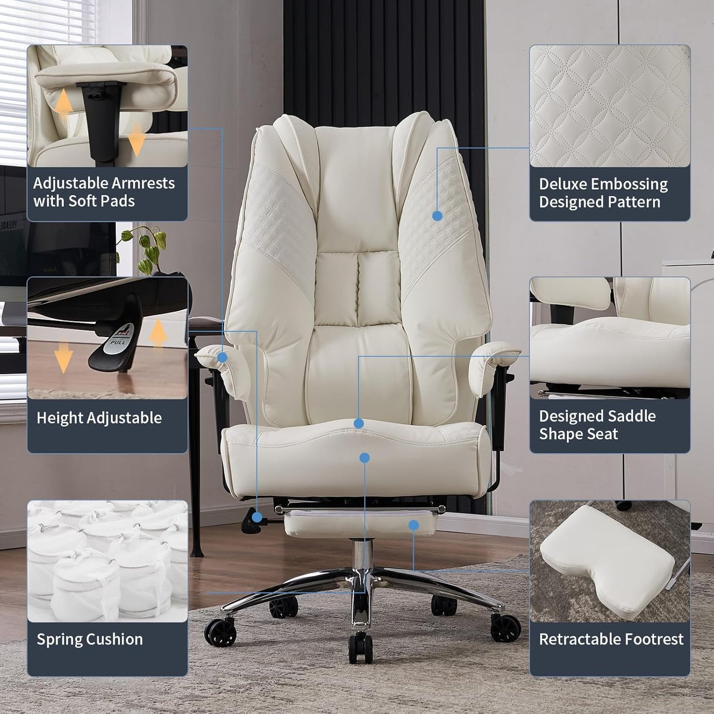Big and Tall Office Chair 400lbs Wide Seat, Leather High Back Executive Office Chairs with Foot Rest, Ergonomic Lumbar Support for Lower Back Pain Relief (White)
