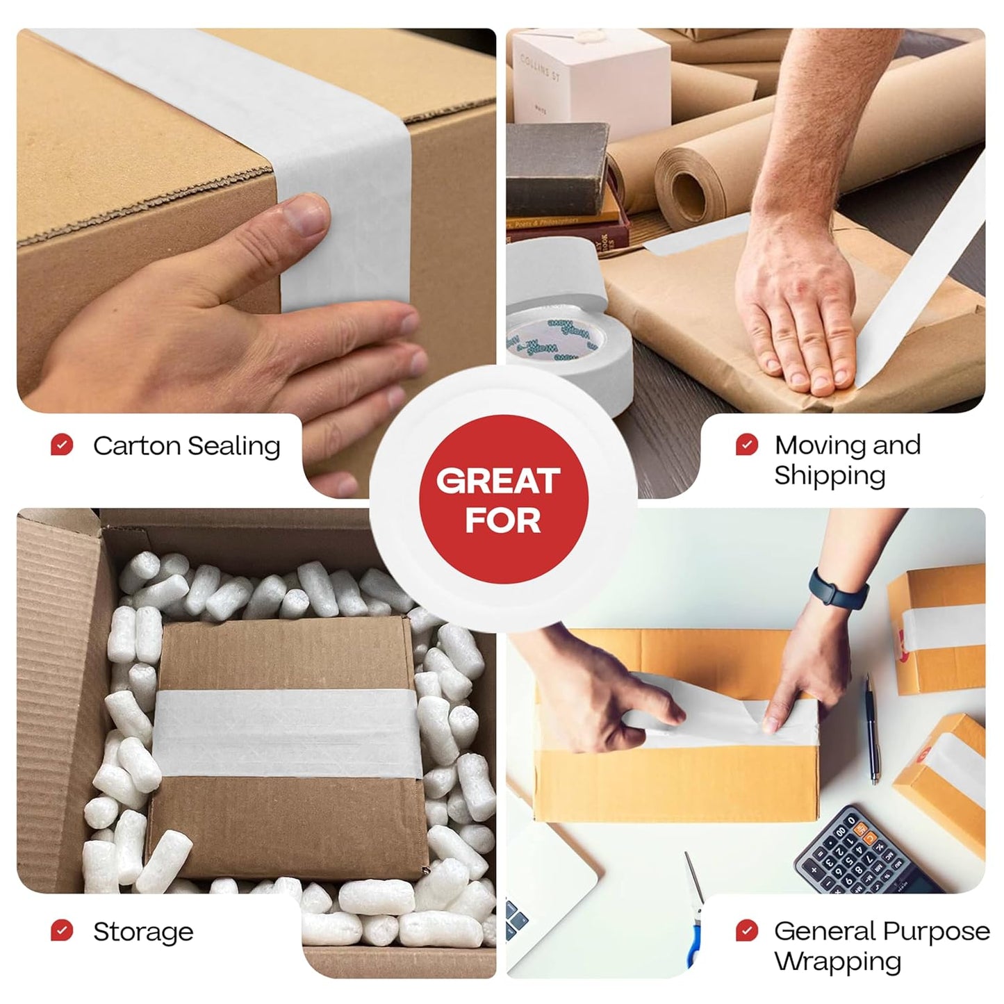 IDL Packaging 2.83" x 450 feet Reinforced Water-Activated Kraft Gummed Tape 30lb Thickness (Pack of 6) - Secure Paper Packing Tape for Secure Carton Sealing - Heavy-Duty for All Conditions, White