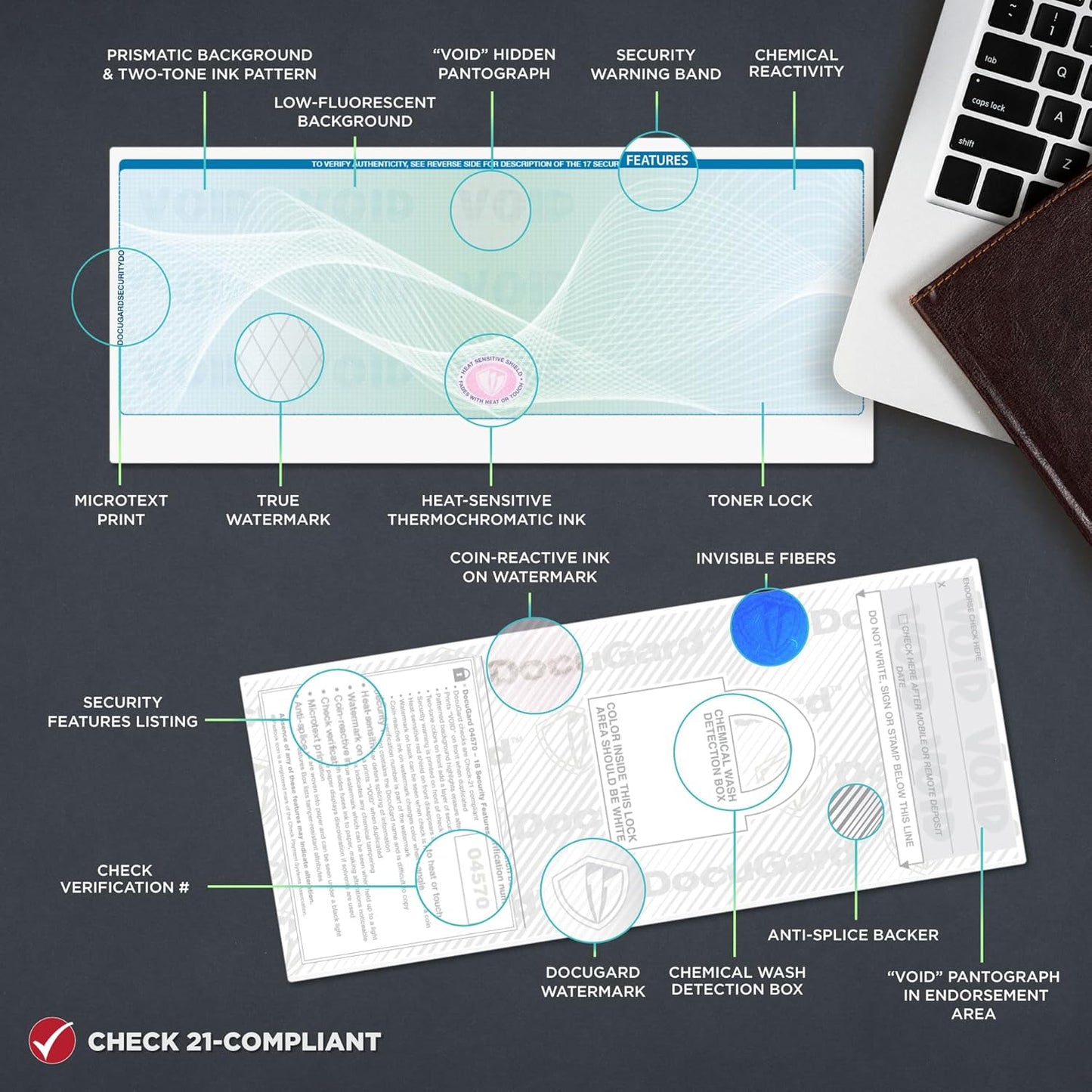 DocuGard Blue/Green Premier Prismatic Top High Security Check Paper - New - 18 Security Features - Laser/Inkjet Printer Compatible - 2500 Blank Business Checks (04570C) (2500)