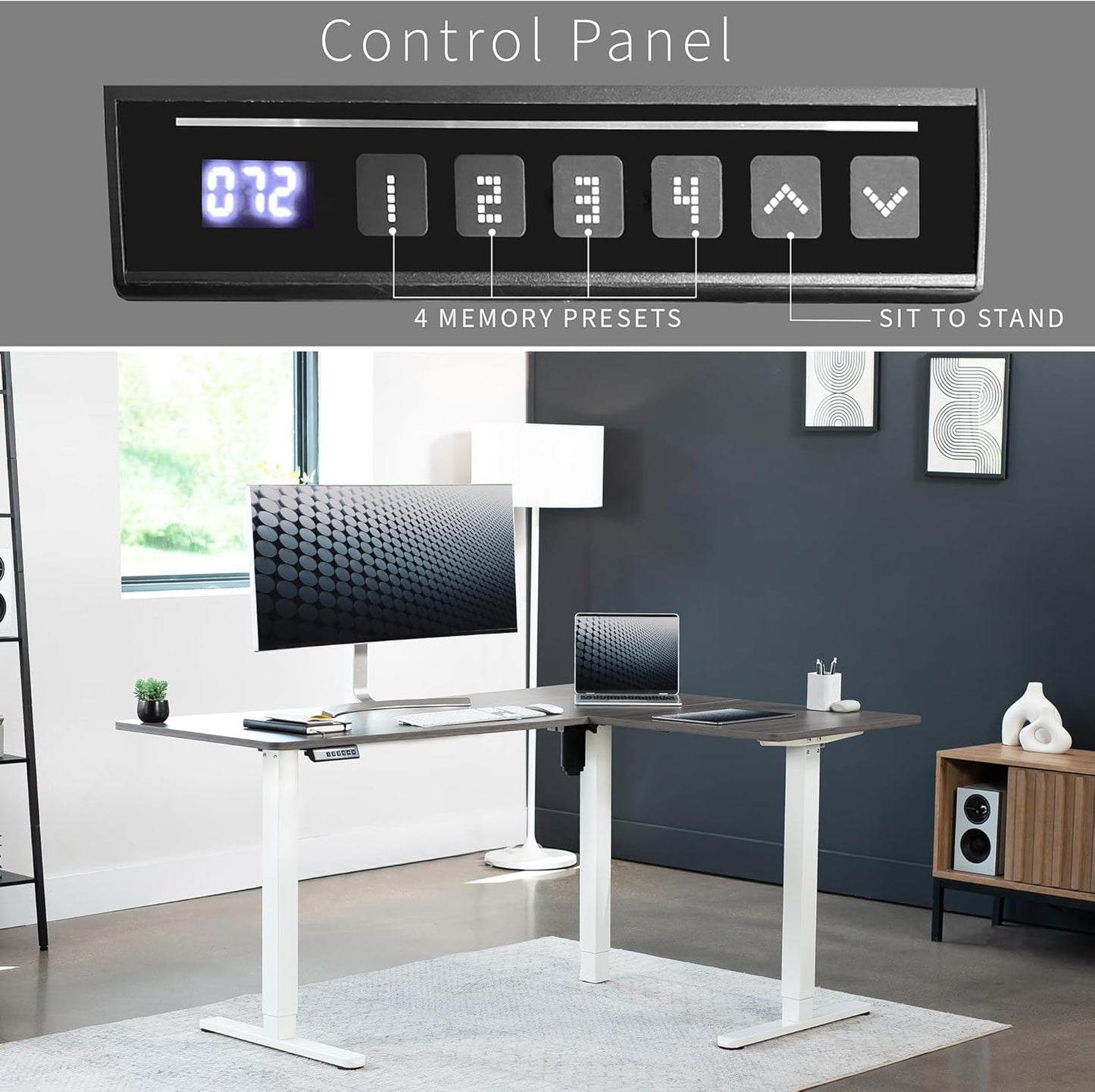 VIVO Electric Corner L-Shaped 63 x 47 in Standing Desk, Memory Height Adjustment, Dark Gray Top White Frame, DESK-E3CTWG-47