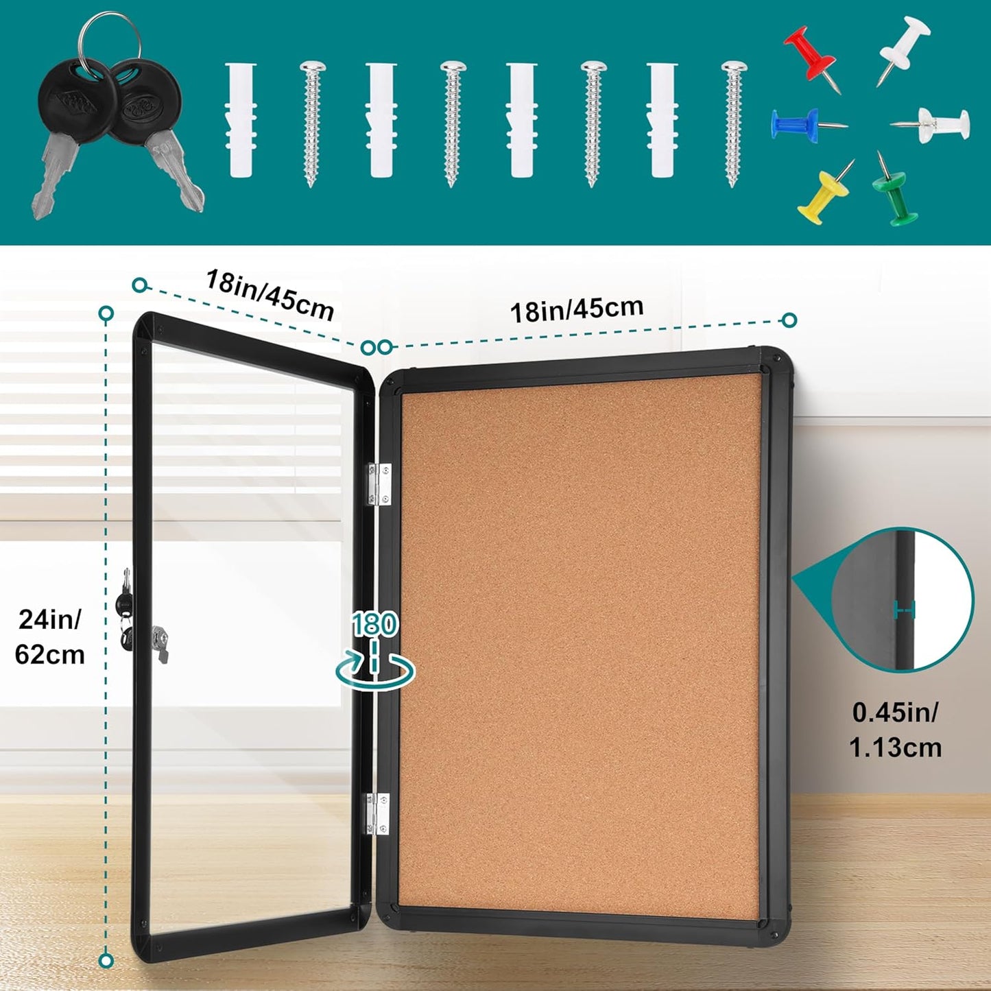 Magula Enclosed Cork Bulletin Board Tamper-Proof Dispaly Case, Black Aluminium Frame, Shatter Resistant Lockable Bulletin Board, Enclosed Cork Board for School, Office,Commercial,Hospital etc(24"x18")