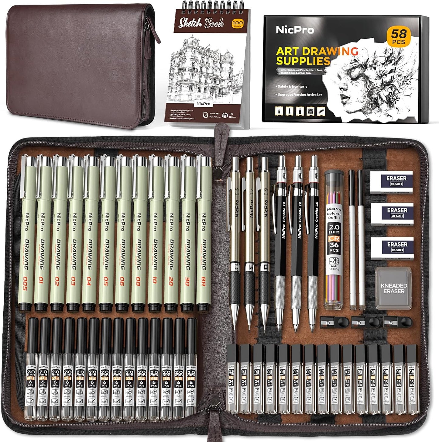 Nicpro 58 PCS Art Drawing Supplies Kit in Leather Case, Art Mechanical Pencil Set with 6 Metal Drafting Pencil 0.5 & 0.7 & 0.9 & 2mm, 12 Micron Pen, Sketch Book, 30 Tube Lead Refills for Sketching