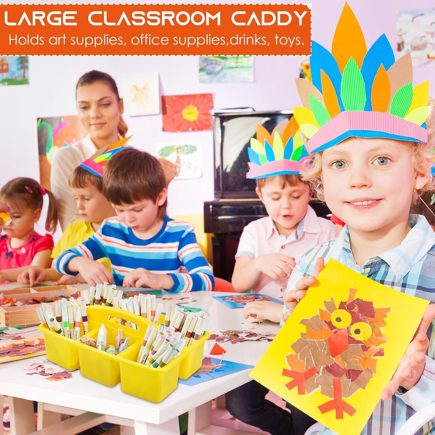 ALINK Plastic Classroom Caddy with 6 Compartments, 6-Pack Teacher Supply Storage Caddy Organizer for Classroom Supply, Office, Table, Desk, Craft Art, Pencil, Crayon, Marker - Assorted Colors