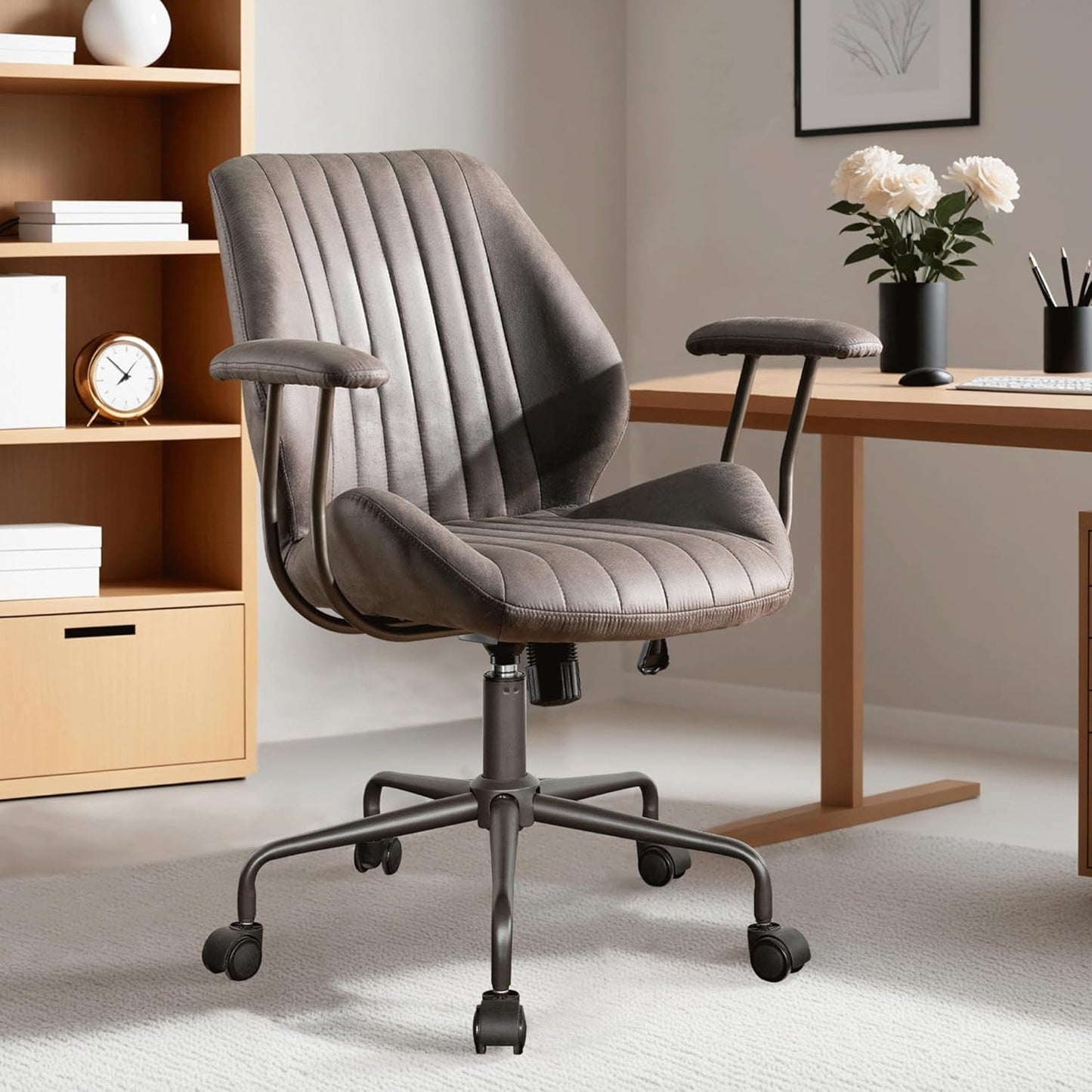 ovios Ergonomic Home Office Chair, Mid-Century Modern Faux Leather Chairs with Padded Armrests, Comfy Mid Back Swivel Rolling Executive Computer Armchair (Dark Grey, Suede Leather)