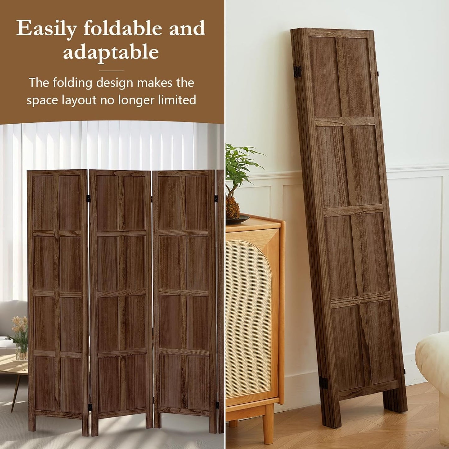 4 Panel Room Divider, 5.6Ft Wood Room Dividers and Folding Privacy Screens, Room Divider Wall Freestanding Room Partitions, Room Dividers Screen for Home Office Restaurant Bedroom, Dark Brown