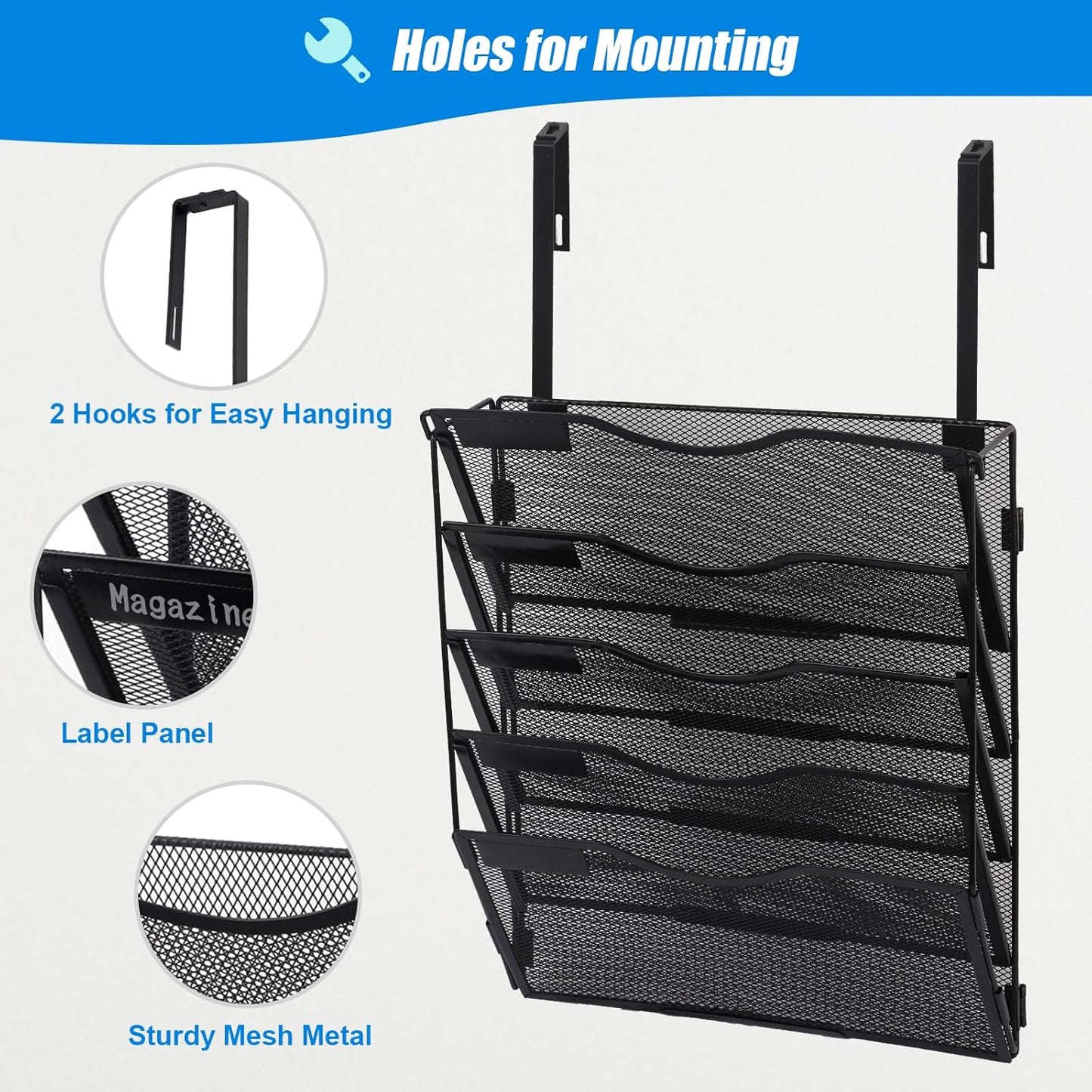EASEPRES 5 Pocket Mesh Hanging Wall File Organizer with Hangers & Nametag Label, Wall Mounted Mail Paper Document Folder Holder, Clipboard Storage Organization Magazine Rack for Office Cubicle, Black