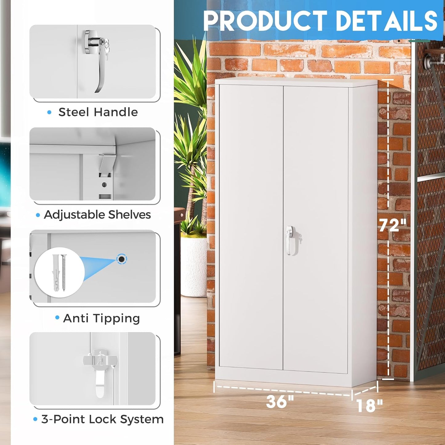 Greenvelly White Metal Storage Cabinets 72” Garage Steel Storage Cabinet with Doors and Shelves, Metal File Organization for Home Office, Basement, Warehouse, Classroom（Anti Ttipping）