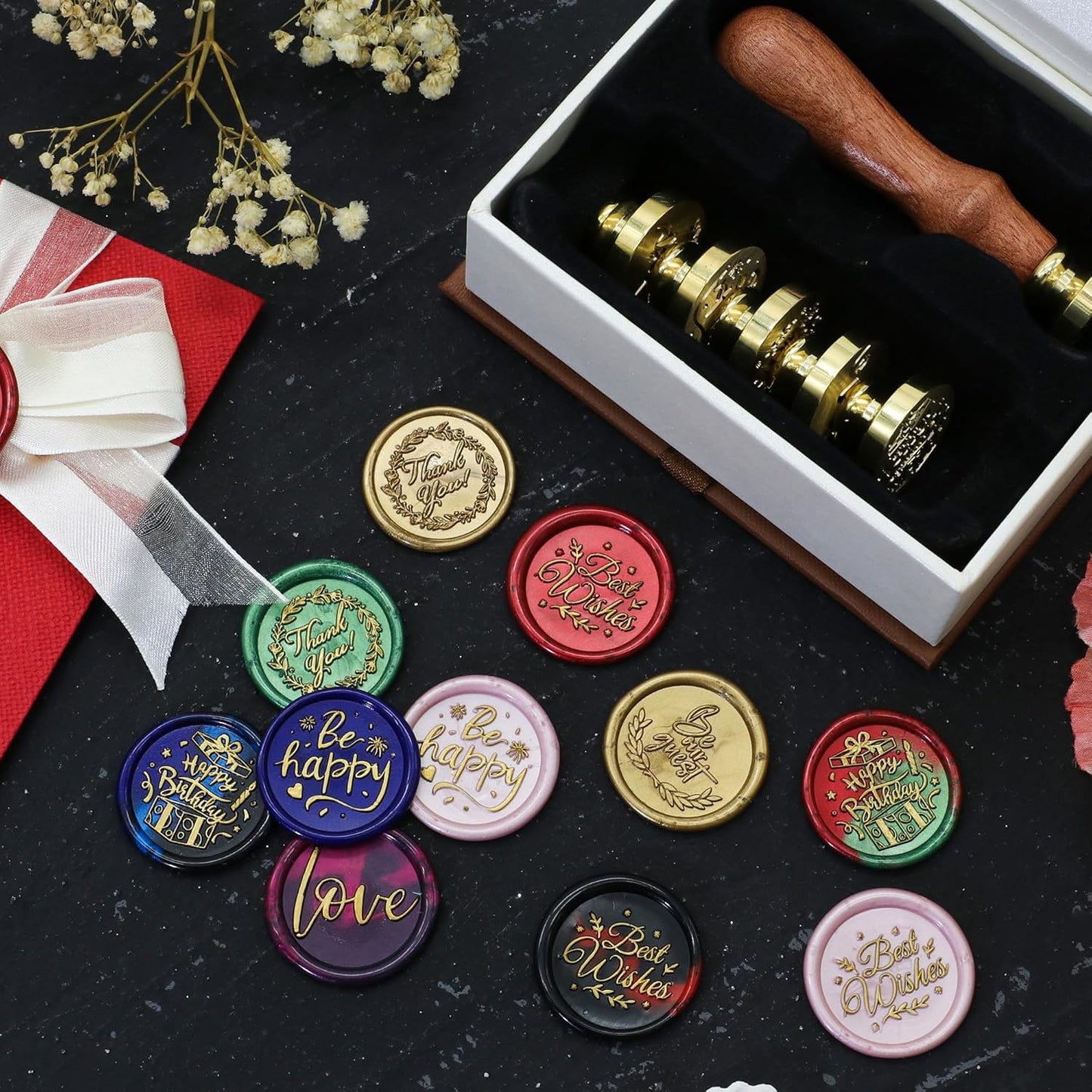 SWANGSA Phrases Wax Seal Stamp Set, Vintage 6 Pcs Sealing Wax Stamp Heads and 1 Wooden Handle for Wedding, Party Invitations, Letters, Envelopes, Christmas