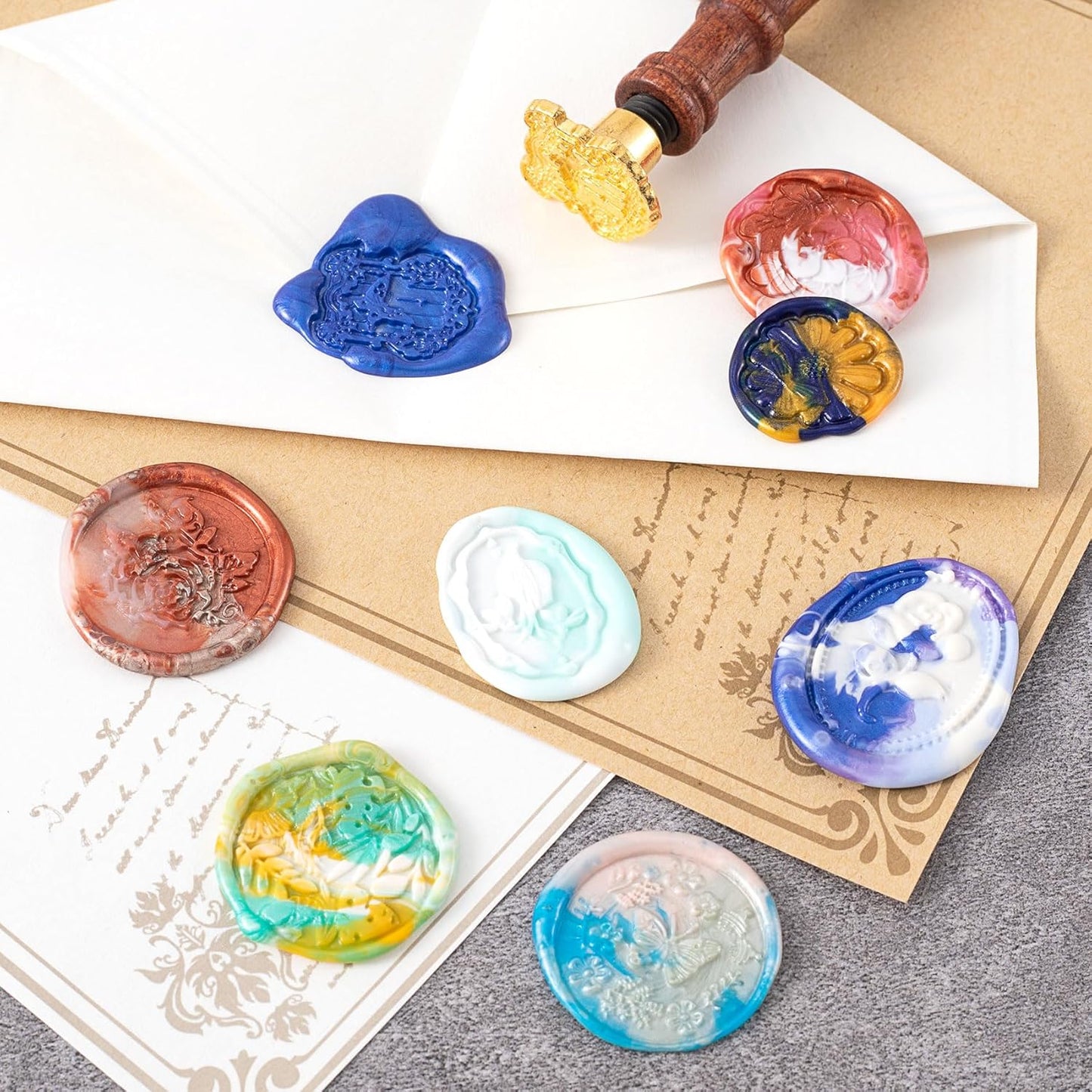 9pcs Wax Seal Stamp Set, Brass Sealing Wax Stamps Head & Wooden Handle for Wedding Invitations Cards Envelopes- Love Rose+Sunflower+Flower Window+Rose Flower+Butterfly+Kapok+Sakura+Leaves