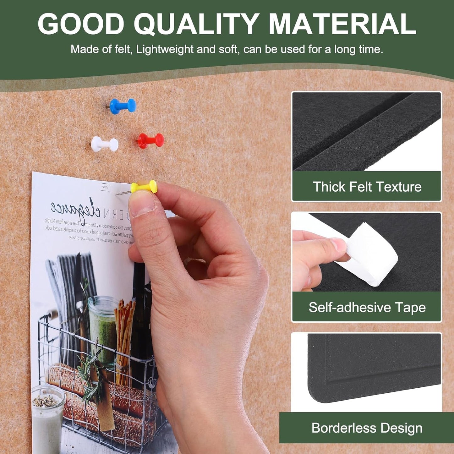 YOKIVE Felt Bulletin Board, 24 x 15.7 -Inch Foldable Decorative Pin Board Self Adhesive Felt Cork Board with 20 Pushpins, Great for Wall, Photo Display, Paste Note, Schedule(Black)