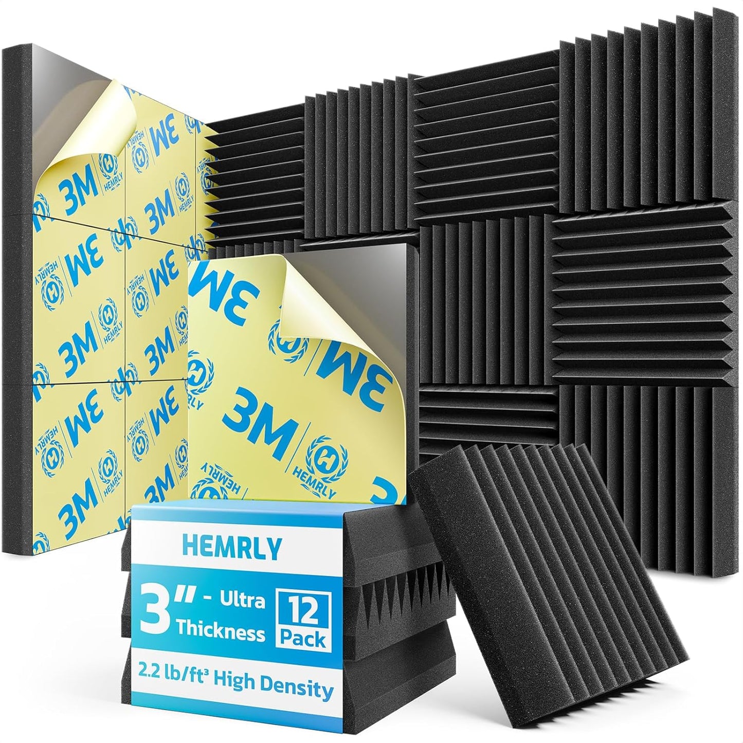 3" X 12" X 12" Sound Proof Foam Panels for Walls,Self-Adhesive Foam Acoustic Panels Sound Absorbing,2.2 lb/ft³ Density Soundproof Wall Panels for Gaming Studio Decor (12 Pack Black)