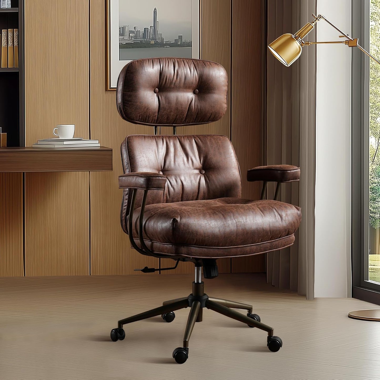 Mid Century Modren Large Office Chair, Big and Tall Ergonomic Executive Chair for Heavy Duty People, Computer Desk Task Chair with Wheels, Faux Lether Fabric Wide Chair for Home Sturdy,Dark Brown