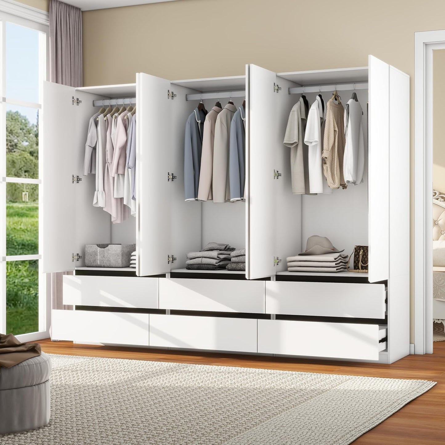 White Wardrobe Closet with Doors: 75" Large Capacity Bedroom Armoire, Wooden Cabinet with 6 Drawers, Hanging Storage Shelves with Hanging Rod (Contemporary, 3)