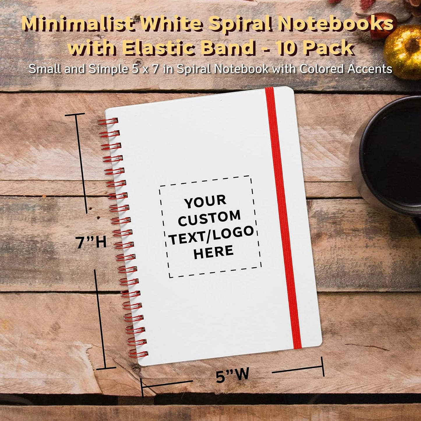10 White Spiral Notebooks with Elastic Band Pack - Customizable Text, Logo - 80 lined pages, Recycled - Red