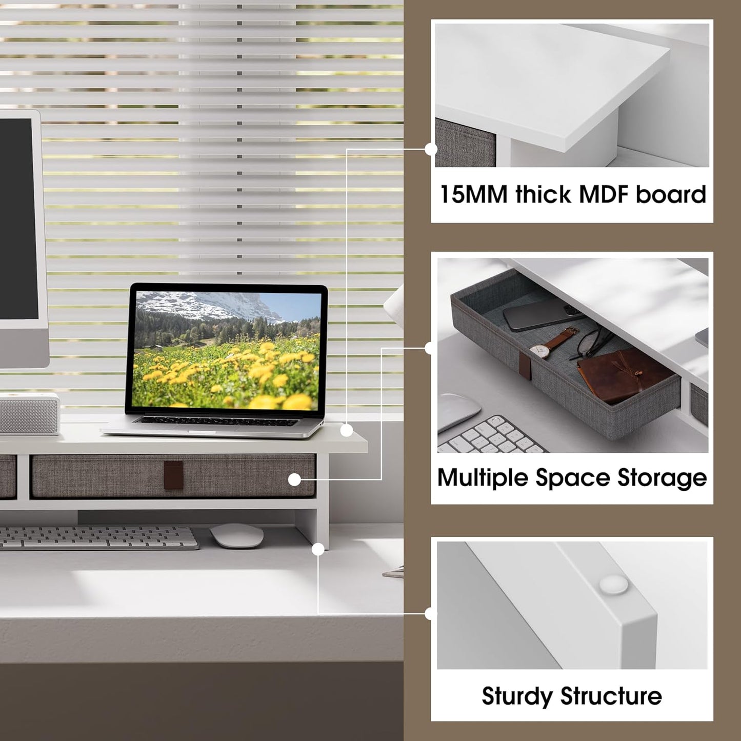 Fenge Monitor Stand with Drawer, 2 Tiers Dual Monitor Riser for Desk, 35 Inch Computer Stand for 2 Monitors, Desk Shelf for Home, Office, Laptop, PC, TV, Printer