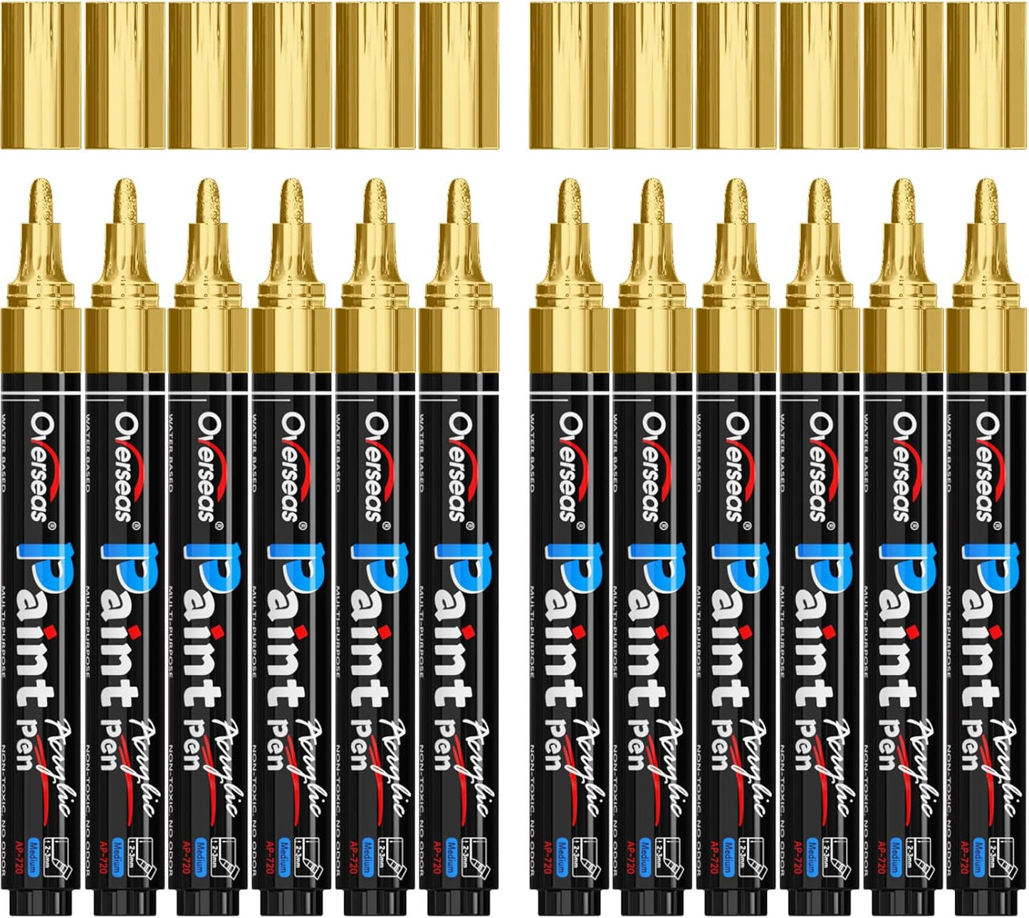 Overseas Gold Paint Pens - Permanent Acrylic Paint Markers 12 Pack, Water-Based, Quick Dry, Waterproof Marker Pen for Rock, Wood, Plastic, Metal, Canvas, Glass, Fabric, Card, Mugs. Medium Tip