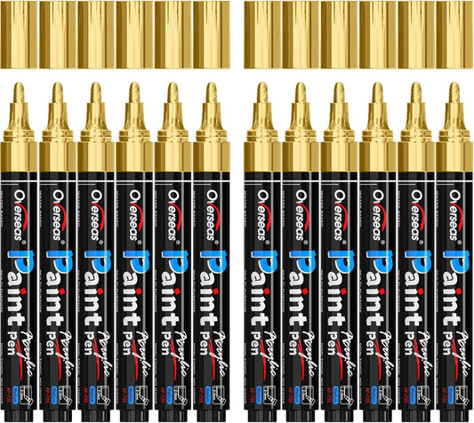 Overseas Gold Paint Pens - Permanent Acrylic Paint Markers 12 Pack, Water-Based, Quick Dry, Waterproof Marker Pen for Rock, Wood, Plastic, Metal, Canvas, Glass, Fabric, Card, Mugs. Medium Tip