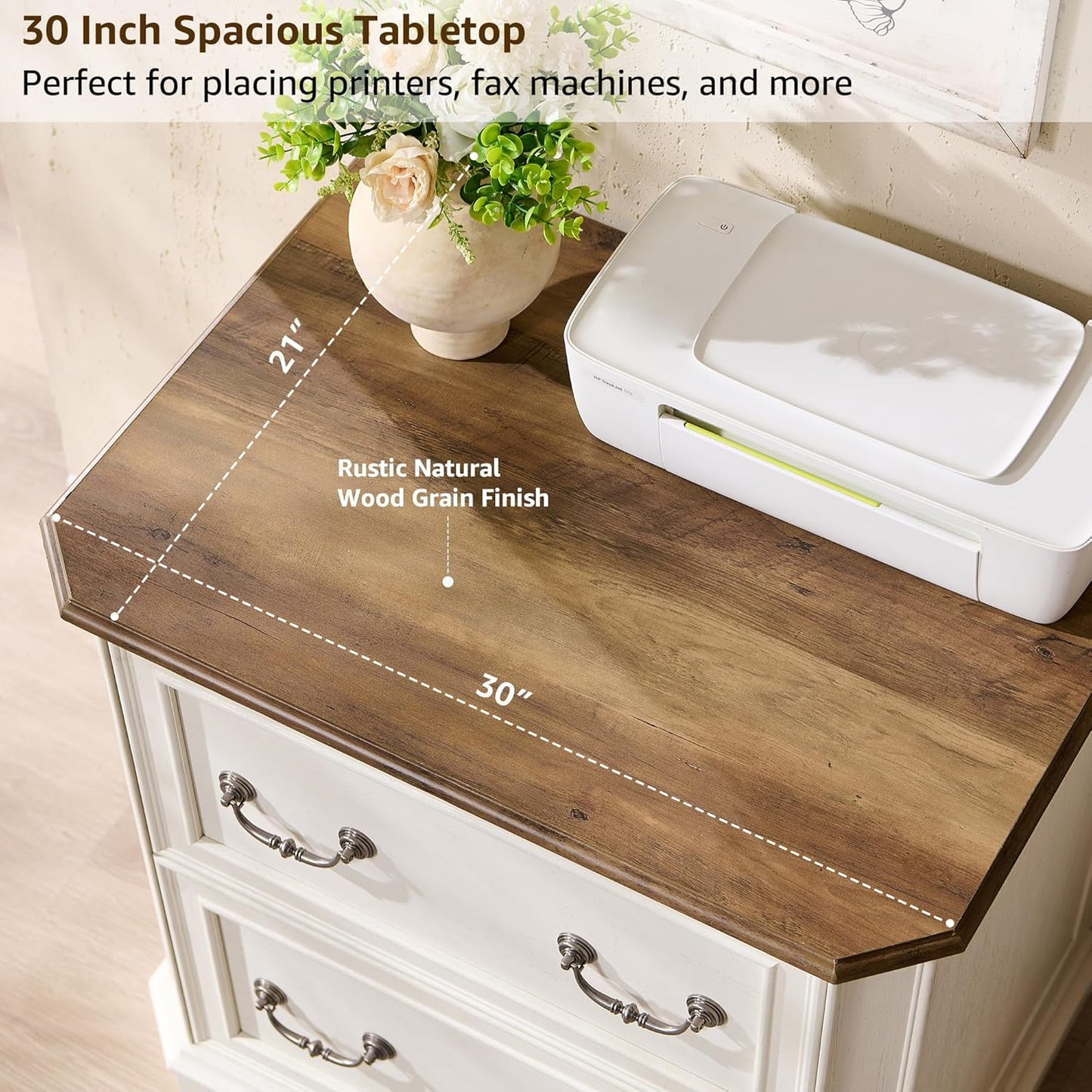 T4TREAM 2 Drawer File Cabinet-30 Wide Wooden Extended Desktop, Farmhouse Filing Cabinet with Smooth Rails, Holds Letter/Legal/A4, Hexagonal Design & Framed Drawer Fronts, Antique White