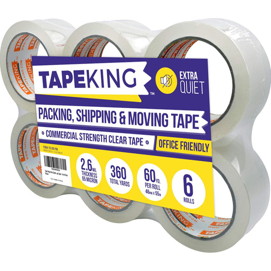 Tape King Quiet Packing Tape - Pack of 6, Clear, Heavy-Duty, Packaging, Boxing and Shipping Tape for Moving and Storage