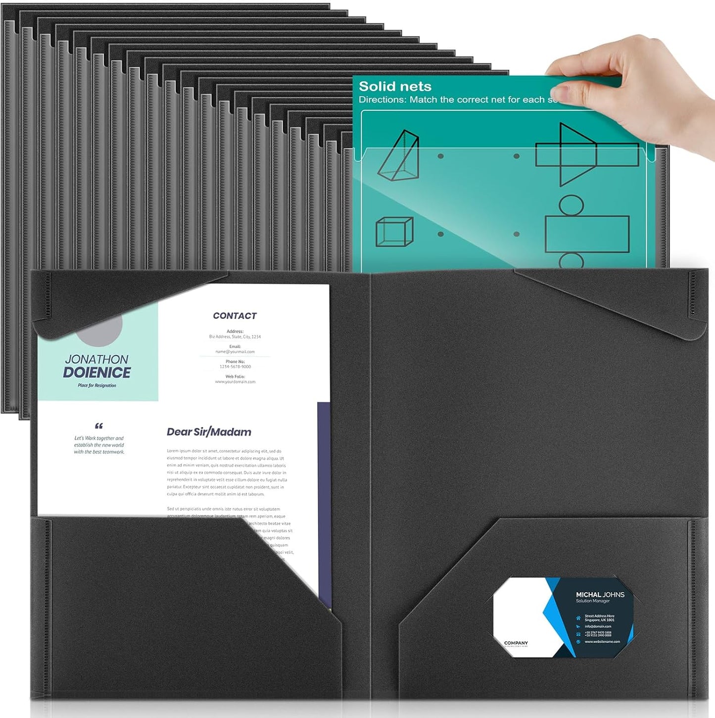 Henoyso 100 Pcs Plastic Folders with Clear Front Pockets Bulk Heavy Duty File Folders with 2 Pockets and Card Slot for Student Teacher Back to School Supplies Office Presentation (Black)