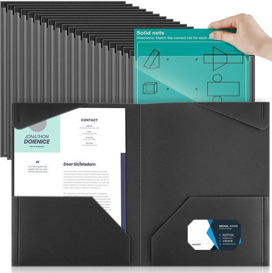 Henoyso 100 Pcs Plastic Folders with Clear Front Pockets Bulk Heavy Duty File Folders with 2 Pockets and Card Slot for Student Teacher Back to School Supplies Office Presentation (Black)