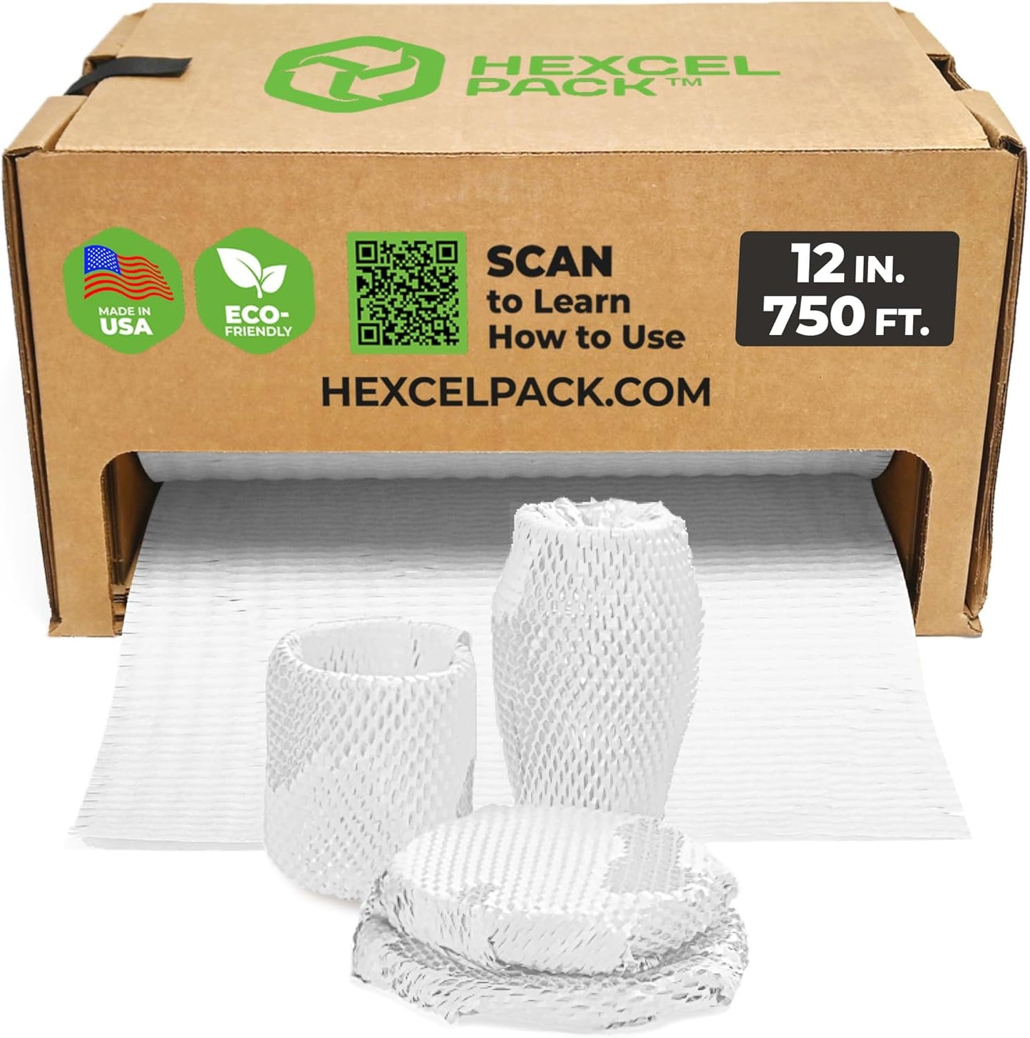 HexcelWrap Mini - Honeycomb Packing Paper, Eco-Friendly, Sustainable Paper Bubble Wrap for Shipping & Moving, Cushioned Packing Material in Easy Self-Dispenser Box - White, 12" x 750'