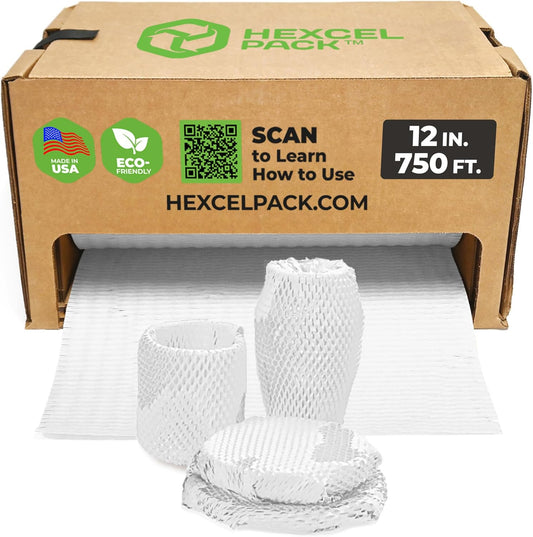 HexcelWrap Mini - Honeycomb Packing Paper, Eco-Friendly, Sustainable Paper Bubble Wrap for Shipping & Moving, Cushioned Packing Material in Easy Self-Dispenser Box - White, 12" x 750'